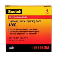 Scotch Linerless Rubber Splicing Tape 130C, 3/4 in x 30 ft, Black, 1 roll/carton