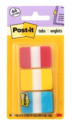 Post-it Durable Tabs 686-RYB, 1 in. x 1.5 in. Red, Canary Yellow, Blue