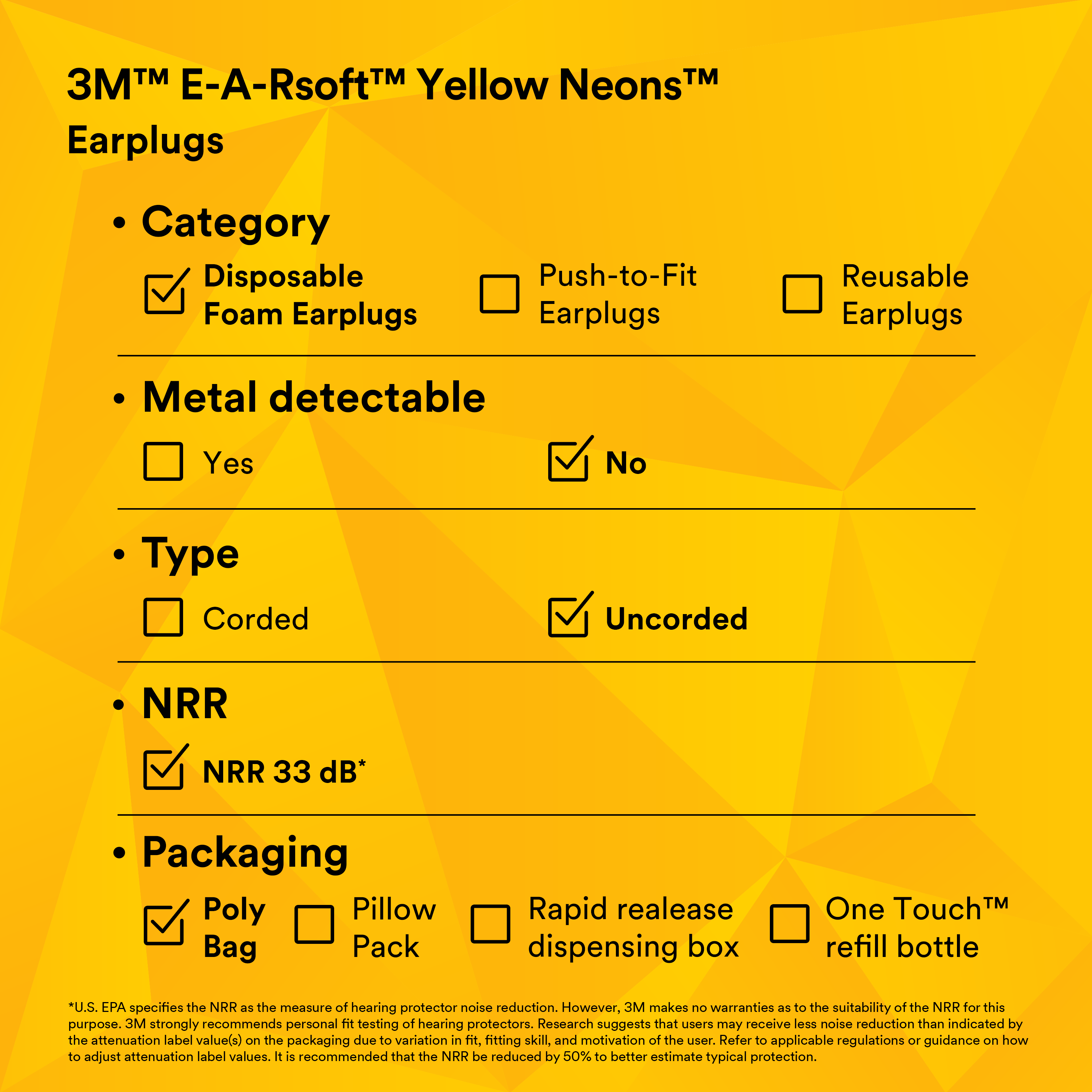 3M™ E-A-Rsoft™ Yellow Neons™ Earplugs 312-1251, Uncorded, Poly Bag,
Large Size_13