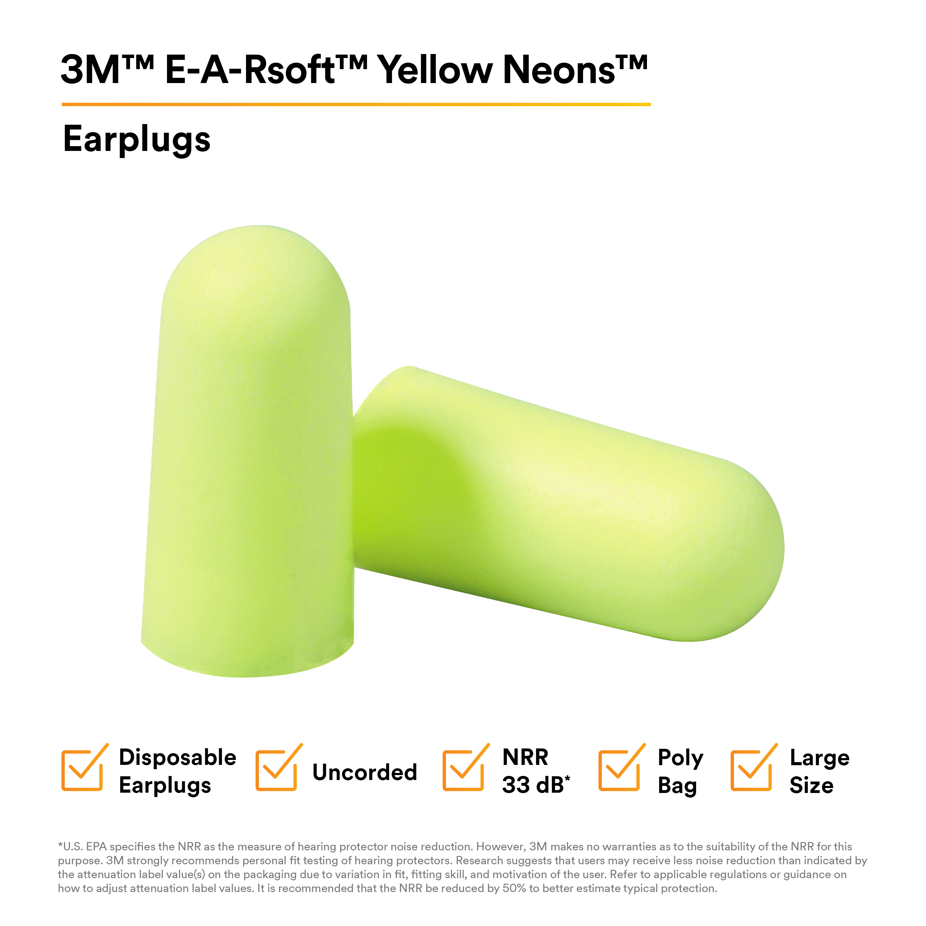 3M™ E-A-Rsoft™ Yellow Neons™ Earplugs 312-1251, Uncorded, Poly Bag,