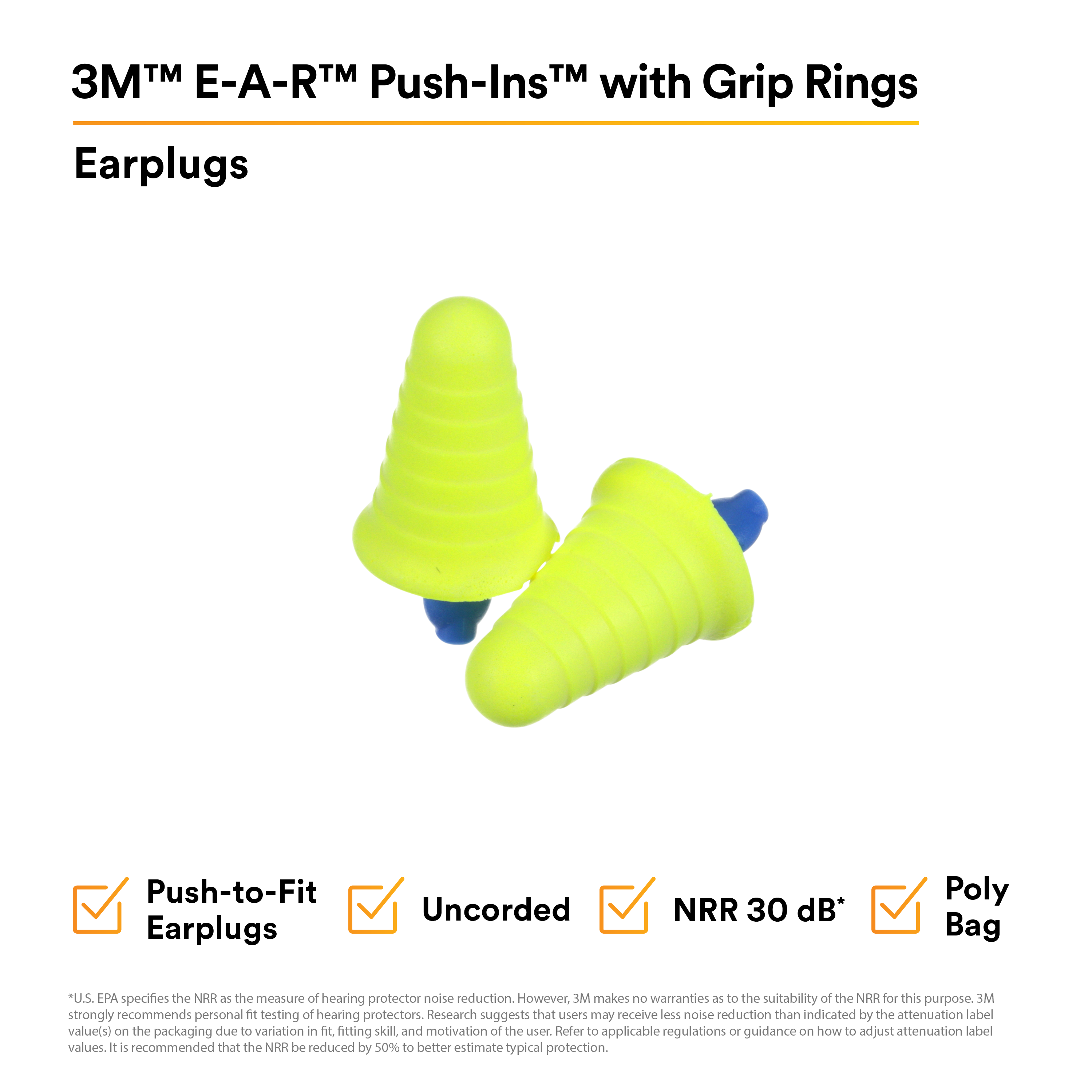 3M™ E-A-R™ Push-Ins™ Earplugs 318-1008, with Grip Rings, Uncorded, Poly Bag, 2000 Pair/Case