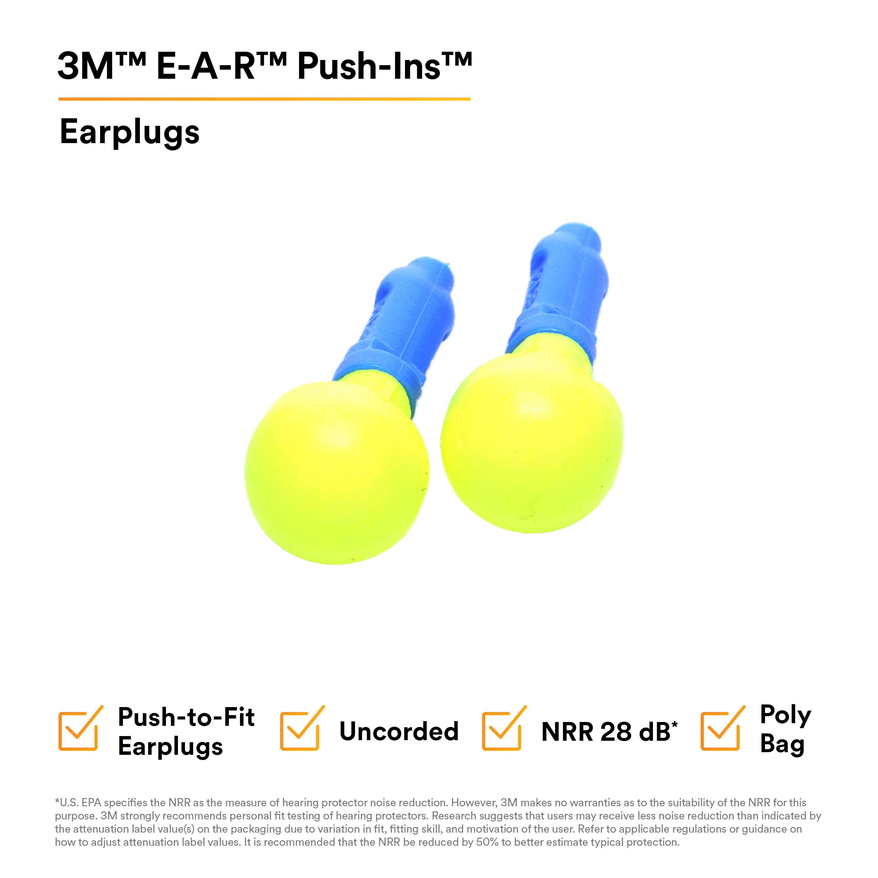 3M™ E-A-R™ Push-Ins™ Earplugs 318-1004, Uncorded, Poly Bag, 1500