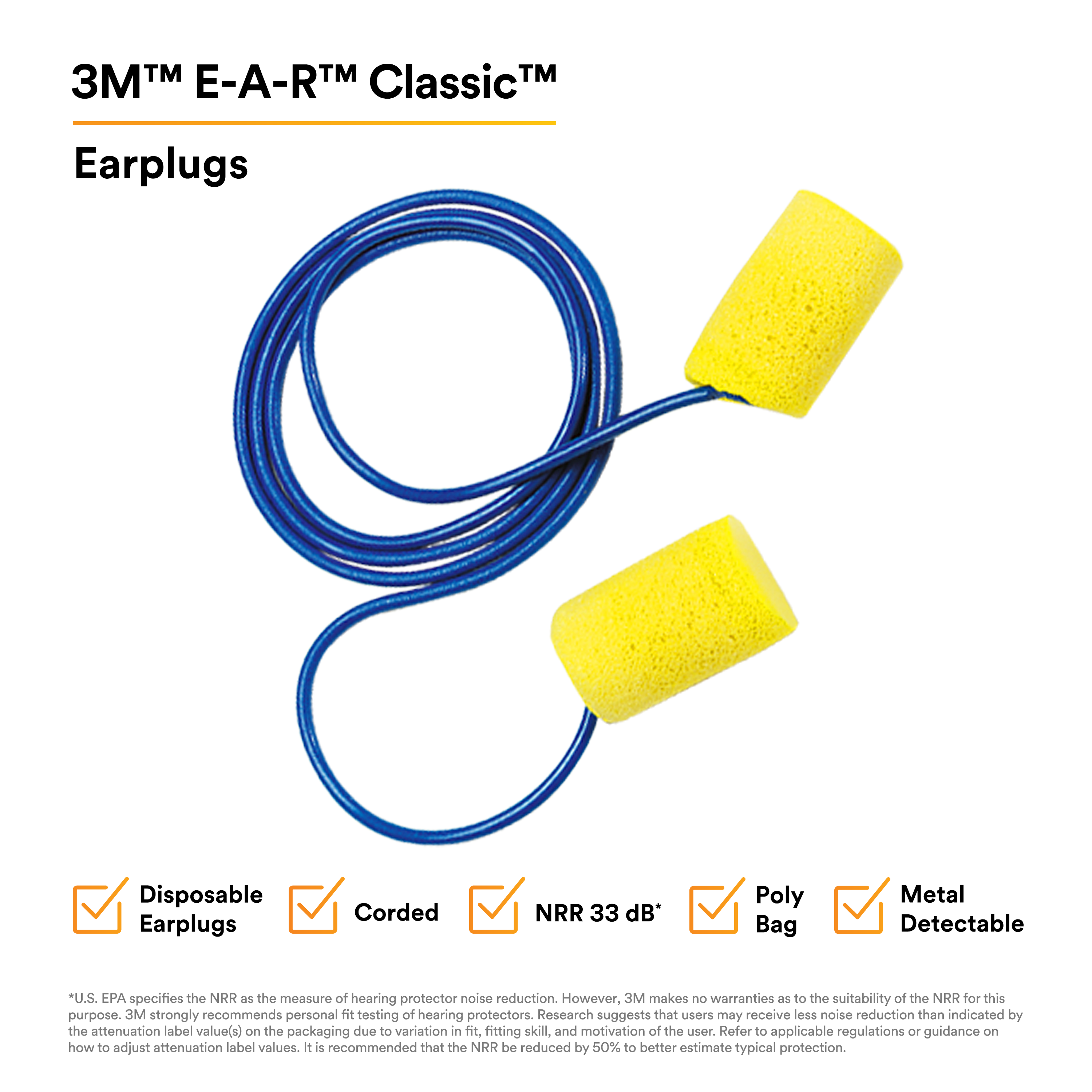 3M™ E-A-R™ Classic™ Earplugs 311-4101, Metal Detectable, Poly Bag, 2000 Pair/Case