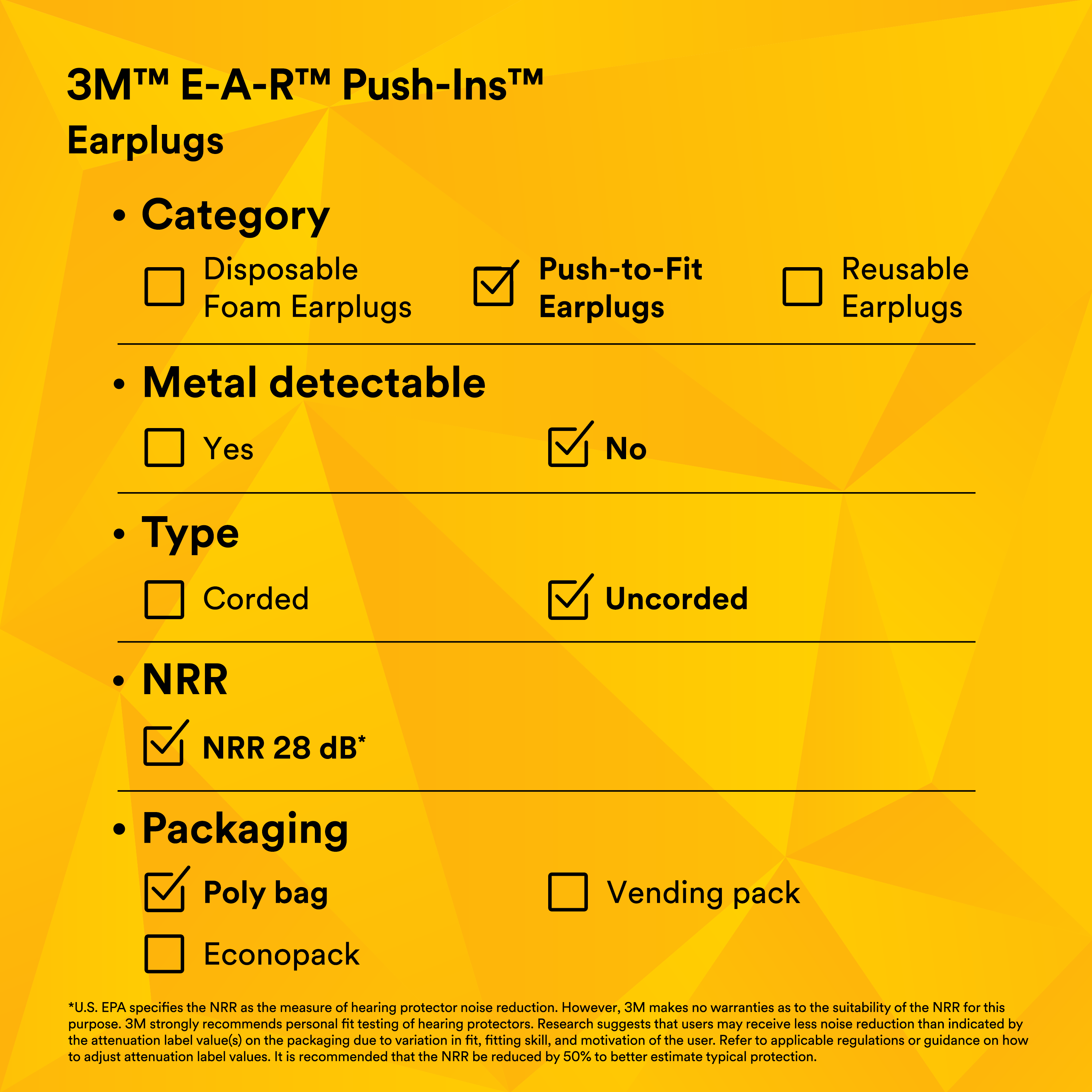 3M™ E-A-R™ Push-Ins™ Earplugs 318-1000, Uncorded, Poly Bag