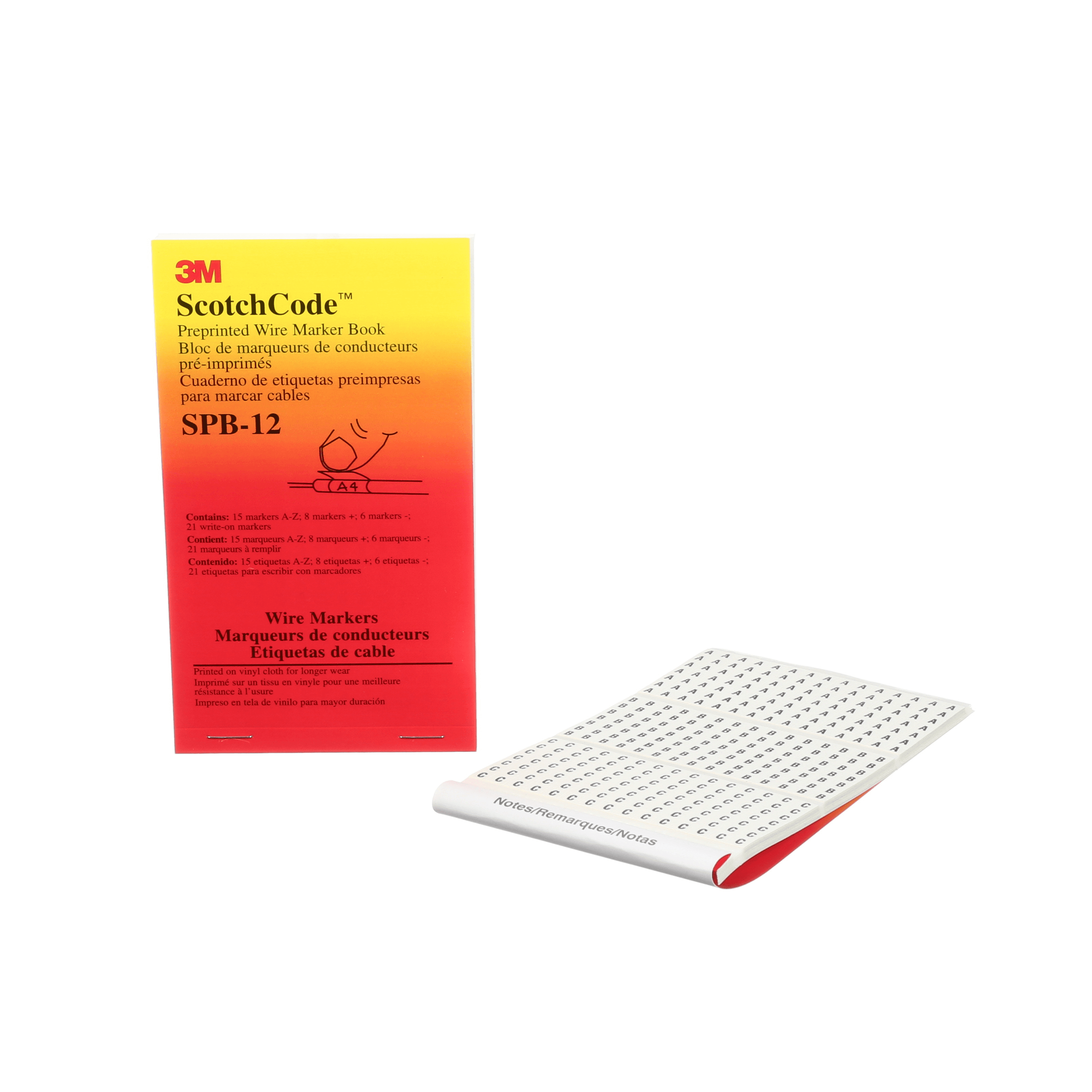 3M ScotchCode Pre-Printed Wire Marker Book SPB-12, black print on a white background highlights the characters, 5/Bag
