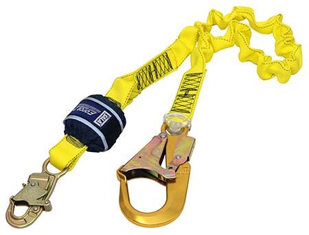 3M™ DBI-SALA® Force2™ Shock Absorbing Elasticated Webbing Lanyard - Single Tail, 2.0 m with Double Action Snap Hook Z10200919E, Yellow, 1 EA/Case and scaffold hook