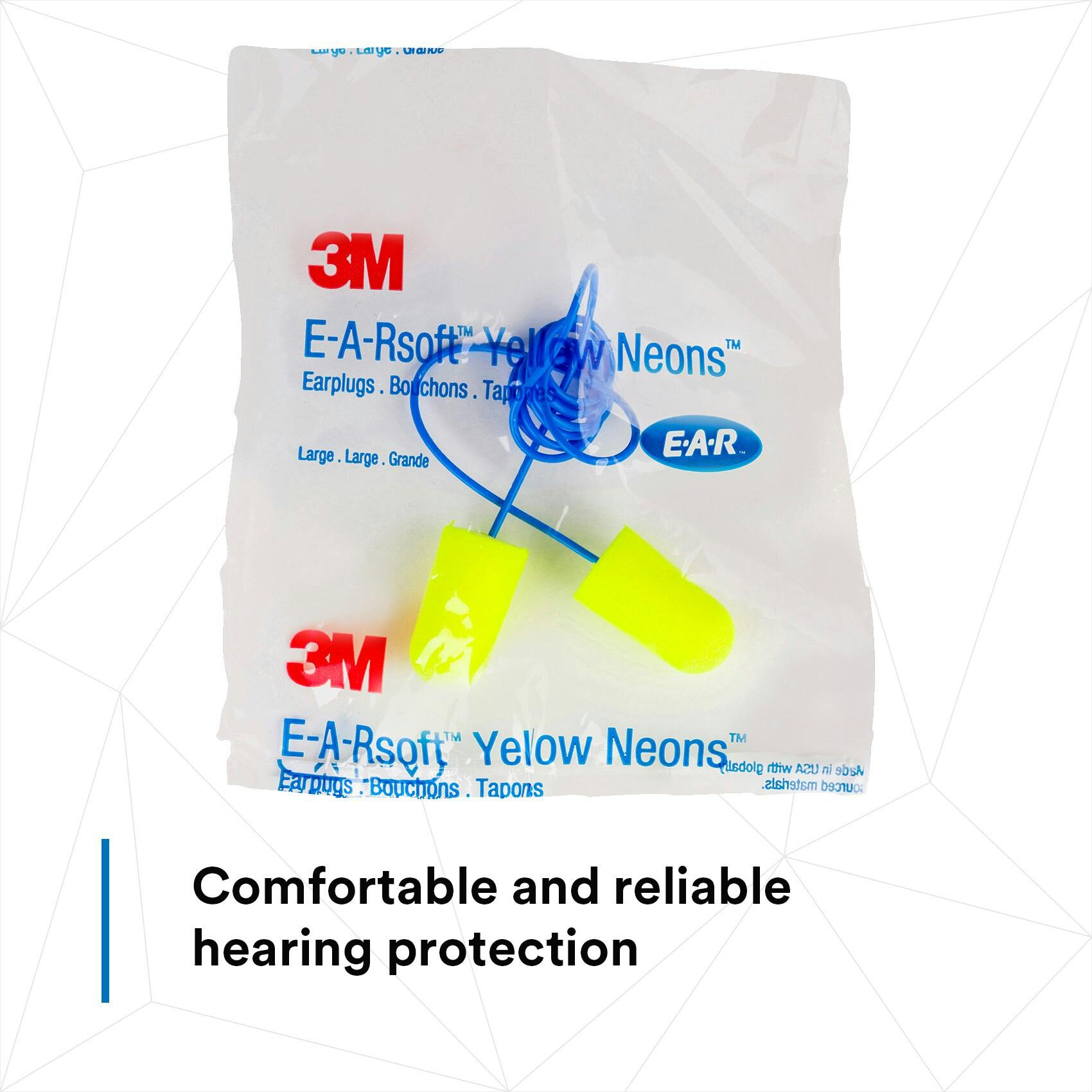 3M™ E-A-Rsoft™ Yellow Neons™ Large Corded Earplugs, Poly Bag 311-1251