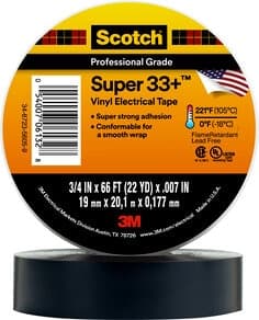 Scotch Super 33+ Vinyl Electrical Tape, 3/4 in x 66 ft, 1-1/2 in Core, Black