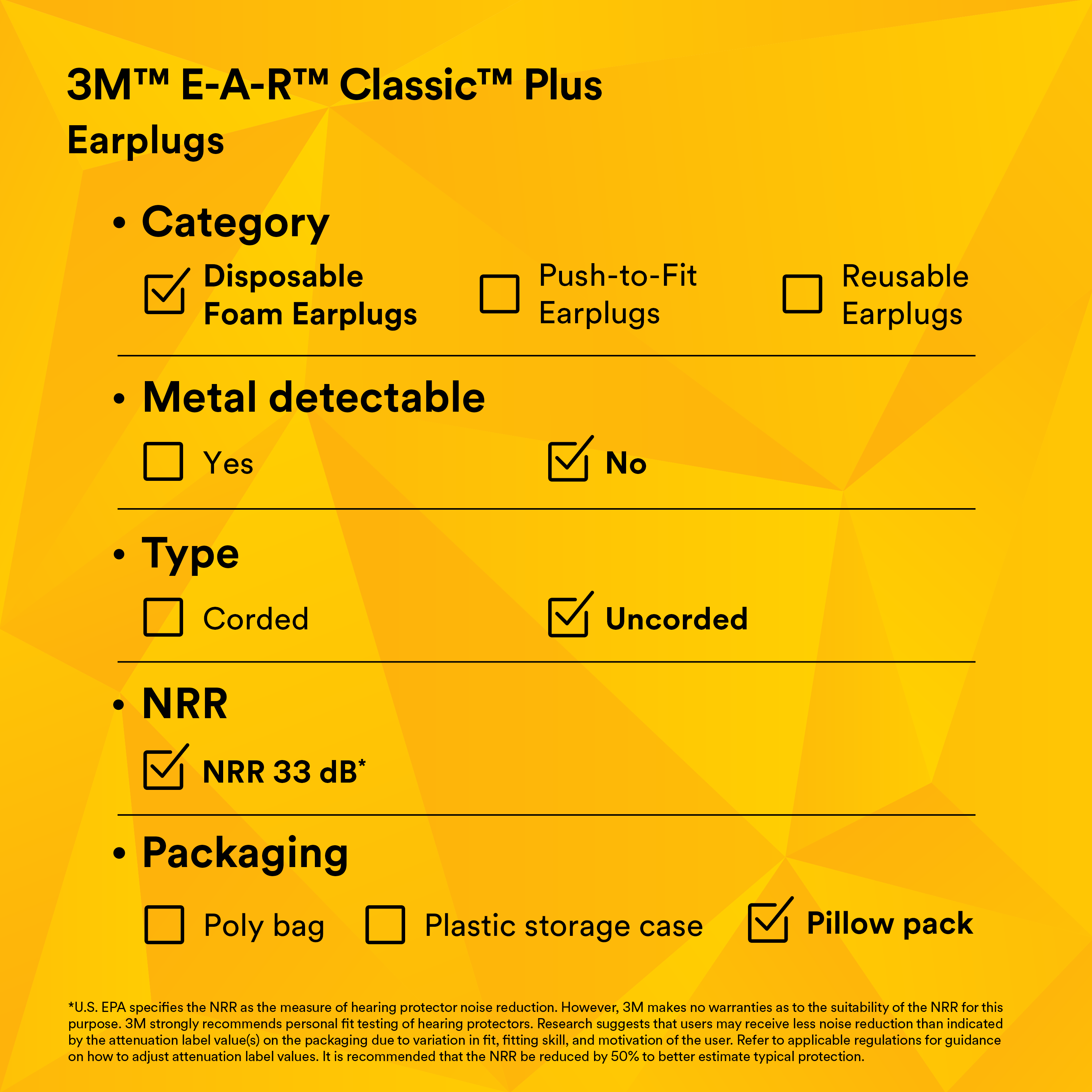 3M™ E-A-R™ Classic™ Plus Earplugs 310-1101, Uncorded, Pillow Pack