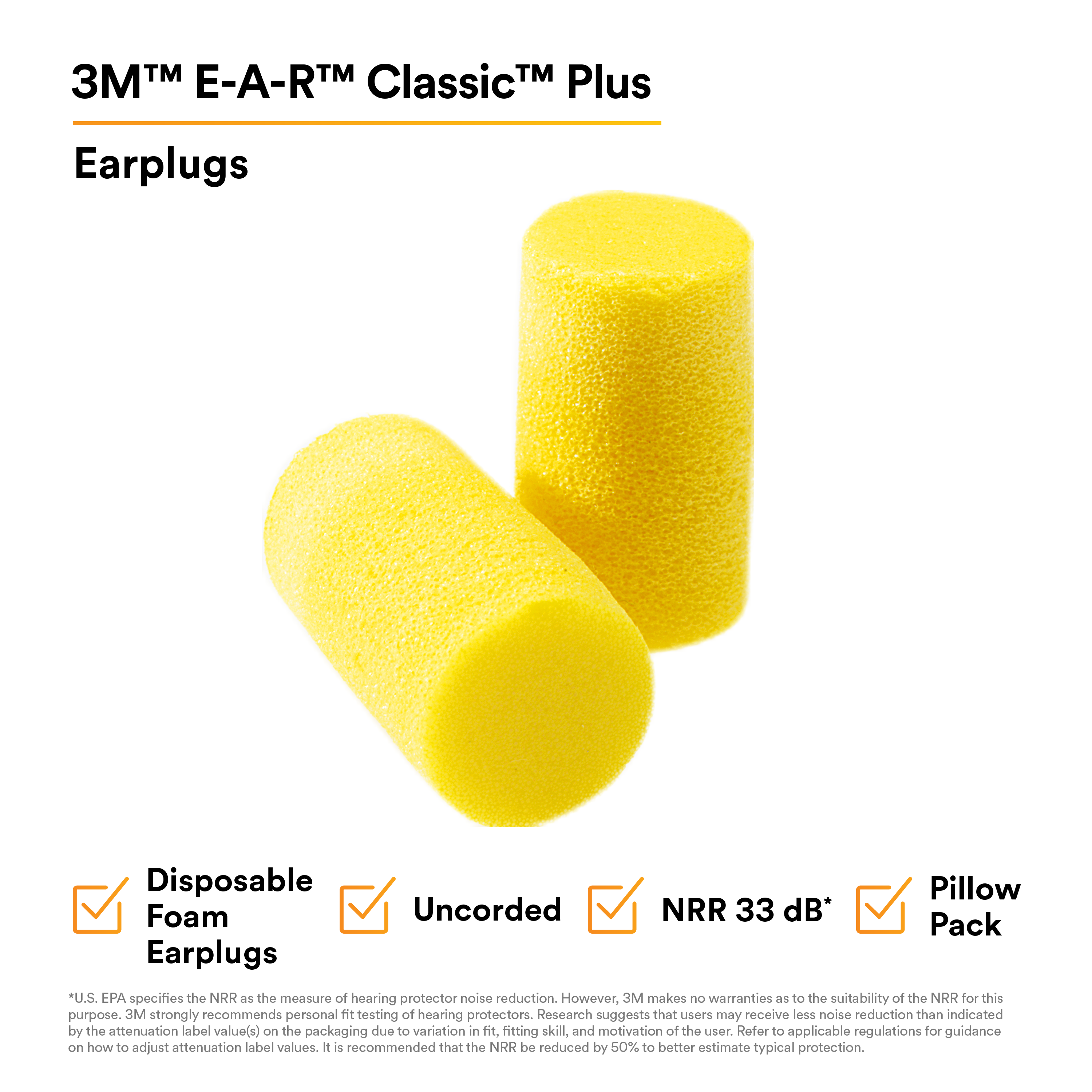 3M™ E-A-R™ Classic™ Plus Earplugs 310-1101, Uncorded, Pillow Pack, 2000