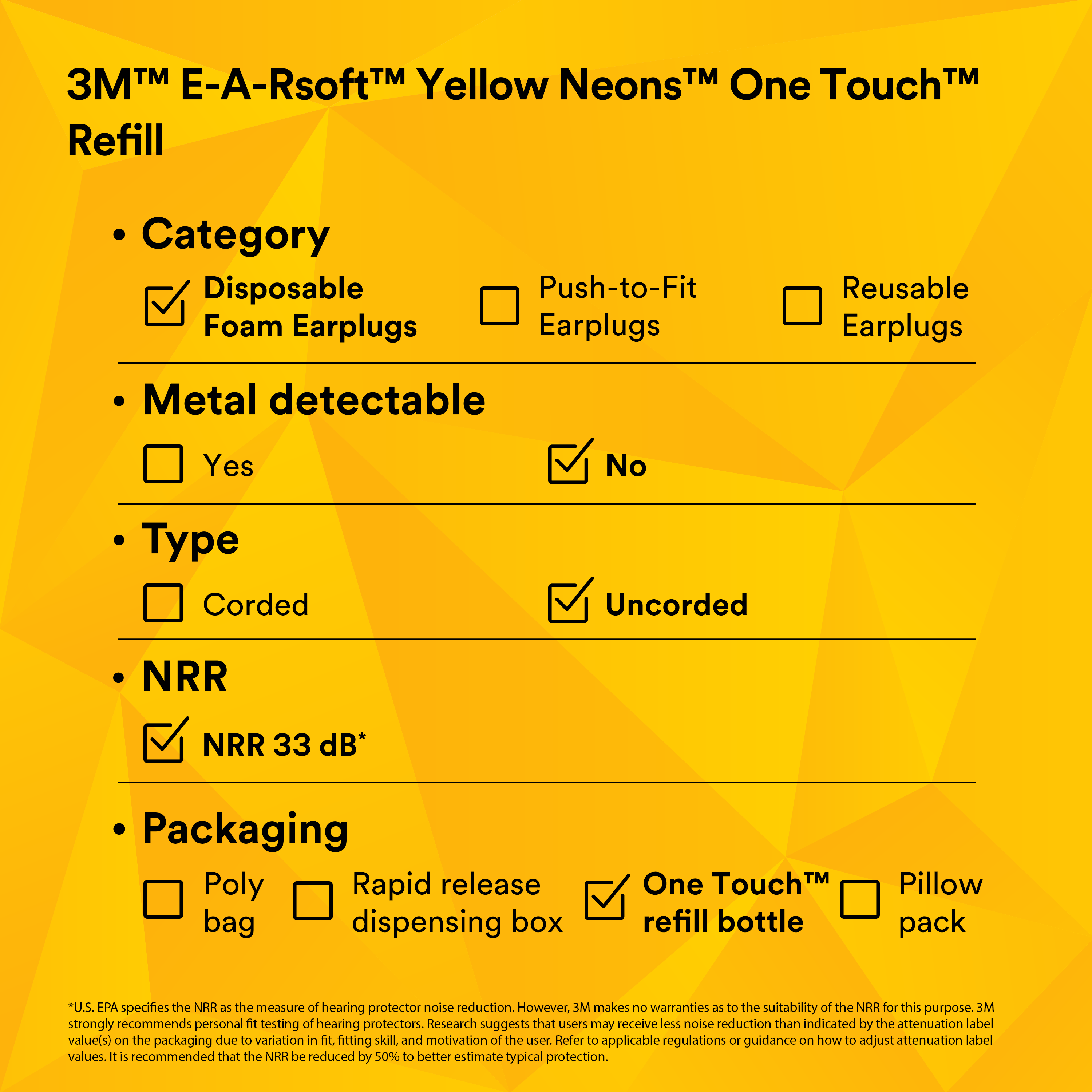 3M™ E-A-Rsoft™ Yellow Neons™ Earplugs 391-1005, Uncorded, in One Touch™ Dispenser Refill Bottle, Large Size_6