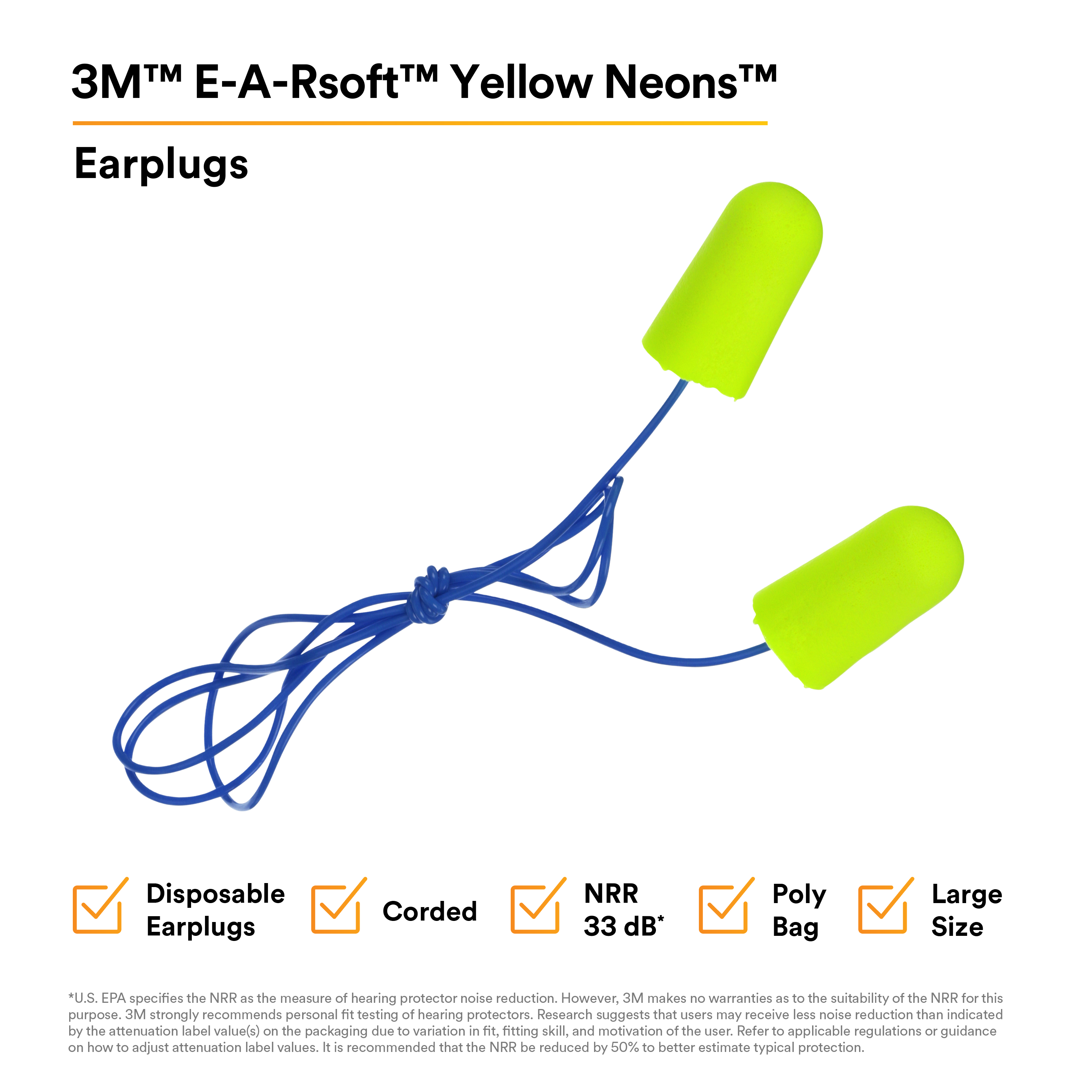 3M™ E-A-Rsoft™ Yellow Neons™ Earplugs 311-1251, Corded, Poly Bag, Large