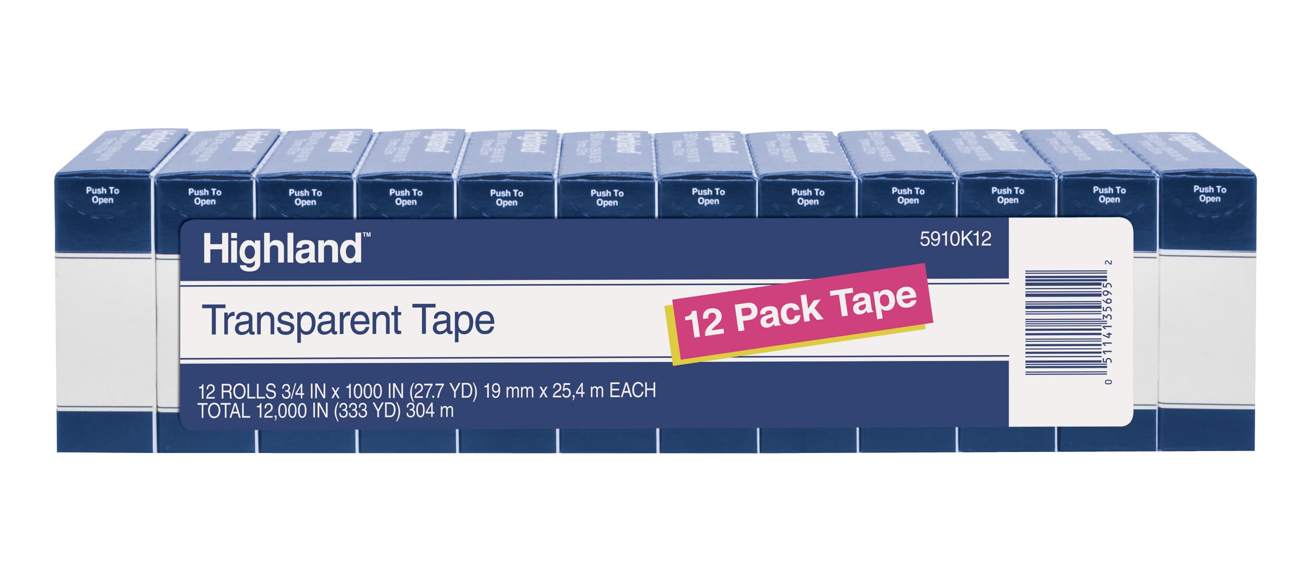 Highland Transparent Tape 5910K12, 3/4 in x 1000 in (19 mm x 25,4 m), 12 Pack