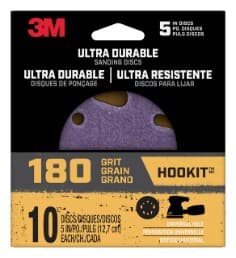 3M Ultra Durable 5 inch Power Sanding Discs, Universal Hole, 180 grit, Disc5in10pk180, 10/pk