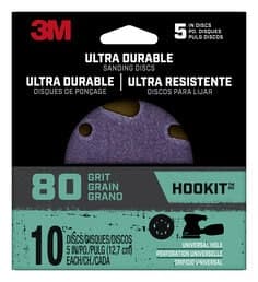 3M Ultra Durable 5 inch Power Sanding Discs, Universal Hole, 80 grit, Disc5in10pk80, 10/pk