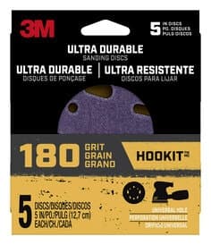 3M Ultra Durable 5 inch Power Sanding Discs, Universal Hole, 180 grit, Disc5in5pk180, 5/pk