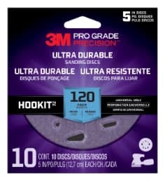 3M Pro Grade Precision Ultra Durable Universal Hole Sanding Disc DUH5120TRI-10I, 5 inch UH, 120, 10/packDisc