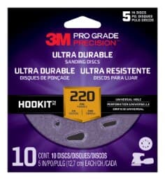 3M Pro Grade Precision Ultra Durable Universal Hole Sanding Disc DUH5220TRI-10I, 5 inch UH, 220, 10/pack