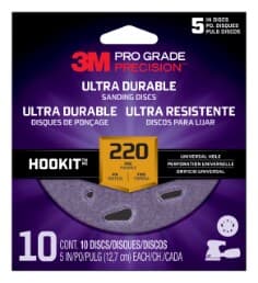 3M Pro Grade Precision Ultra Durable Universal Hole Sanding Disc, DUH5220TRI-10T, 5 IN x UH, 220, 10 pack