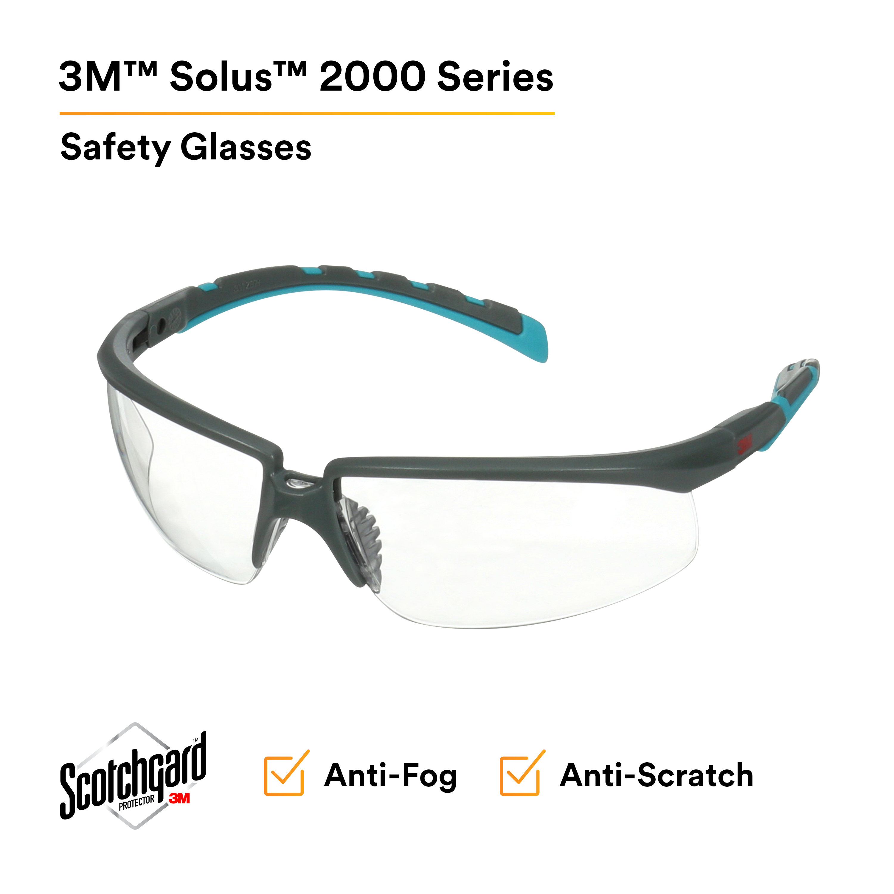 3M™ Solus™ 2000 Series, S2001SGAF-BGR, Gray/Blue-Green Temples,