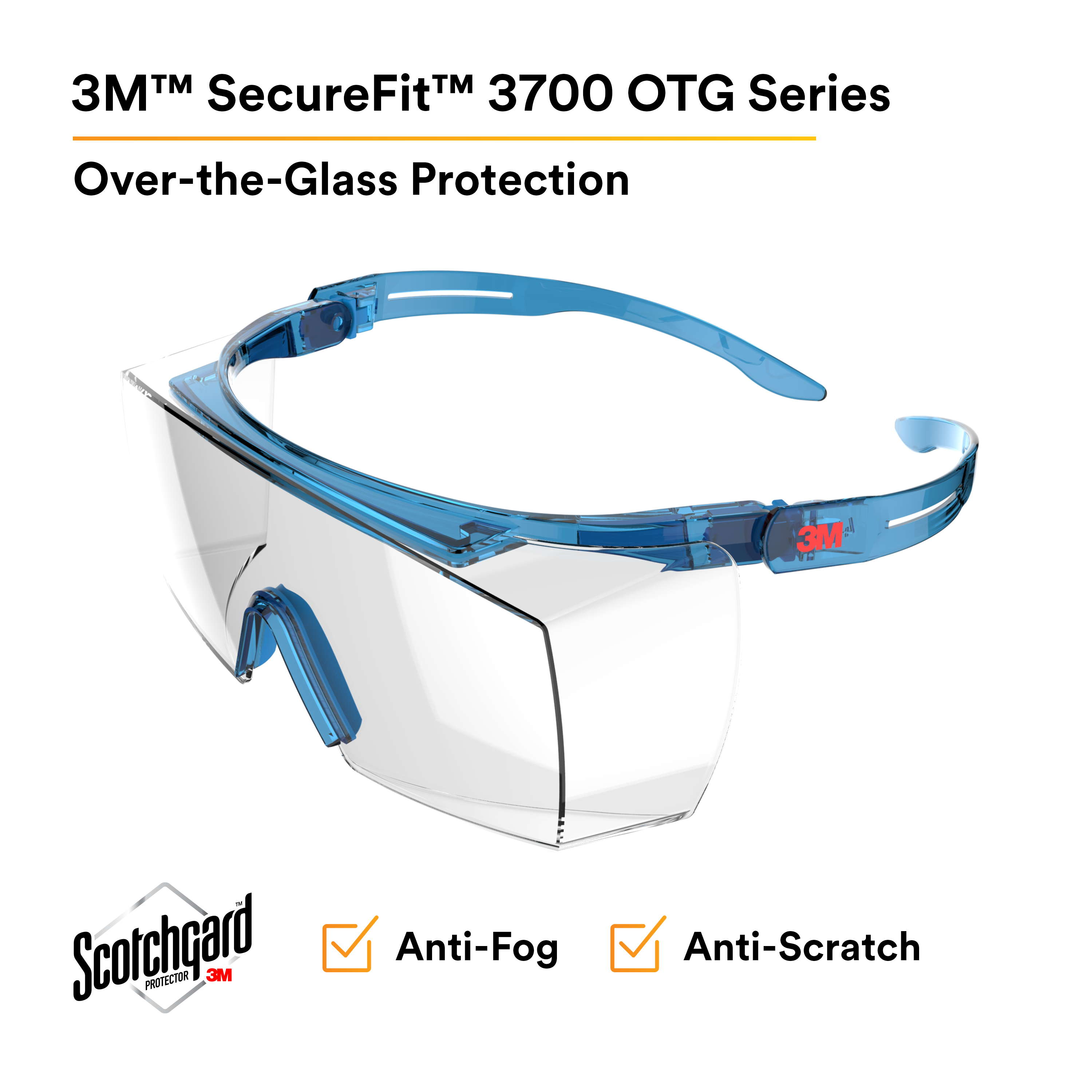 3M™ SecureFit™ 3700 Series, SF3701SGAF-BLU, Blue Temple, Scotchgard™