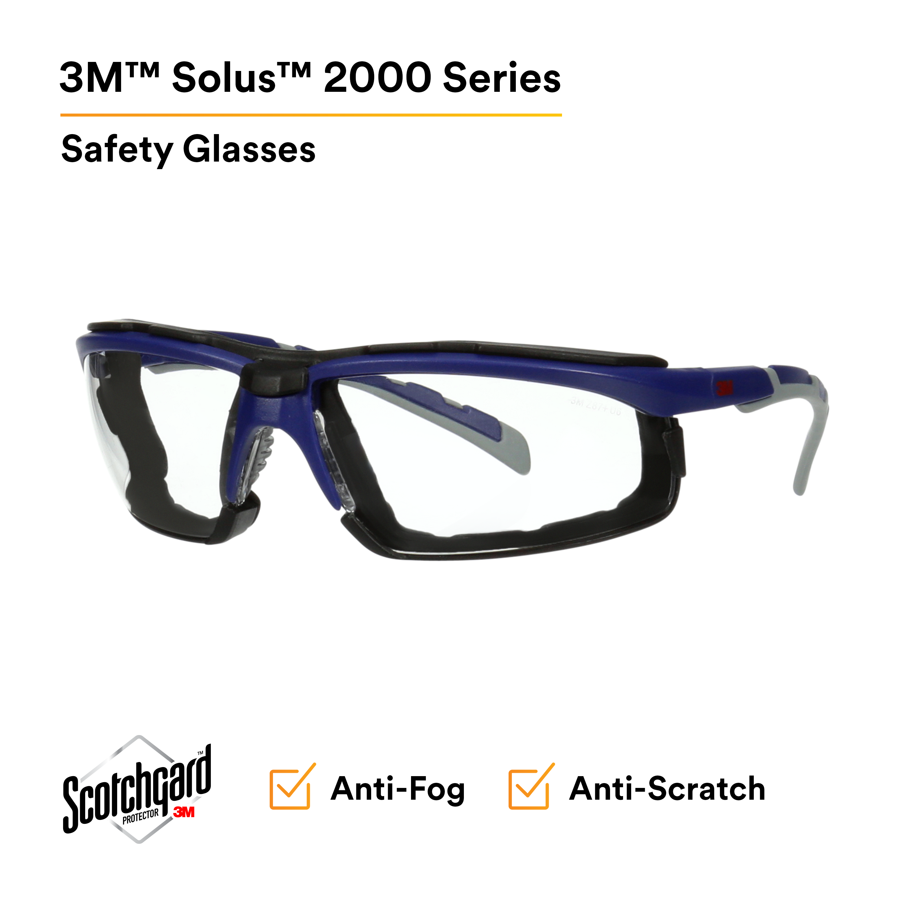3M™ Solus™ 2000 Series, S2001SGAF-BGR-F, Gray/Blue-Green Temples, Scotchgard™ Anti-Fog Coating, Clear AF-AS lens,Foam Gskt 20ea/cs