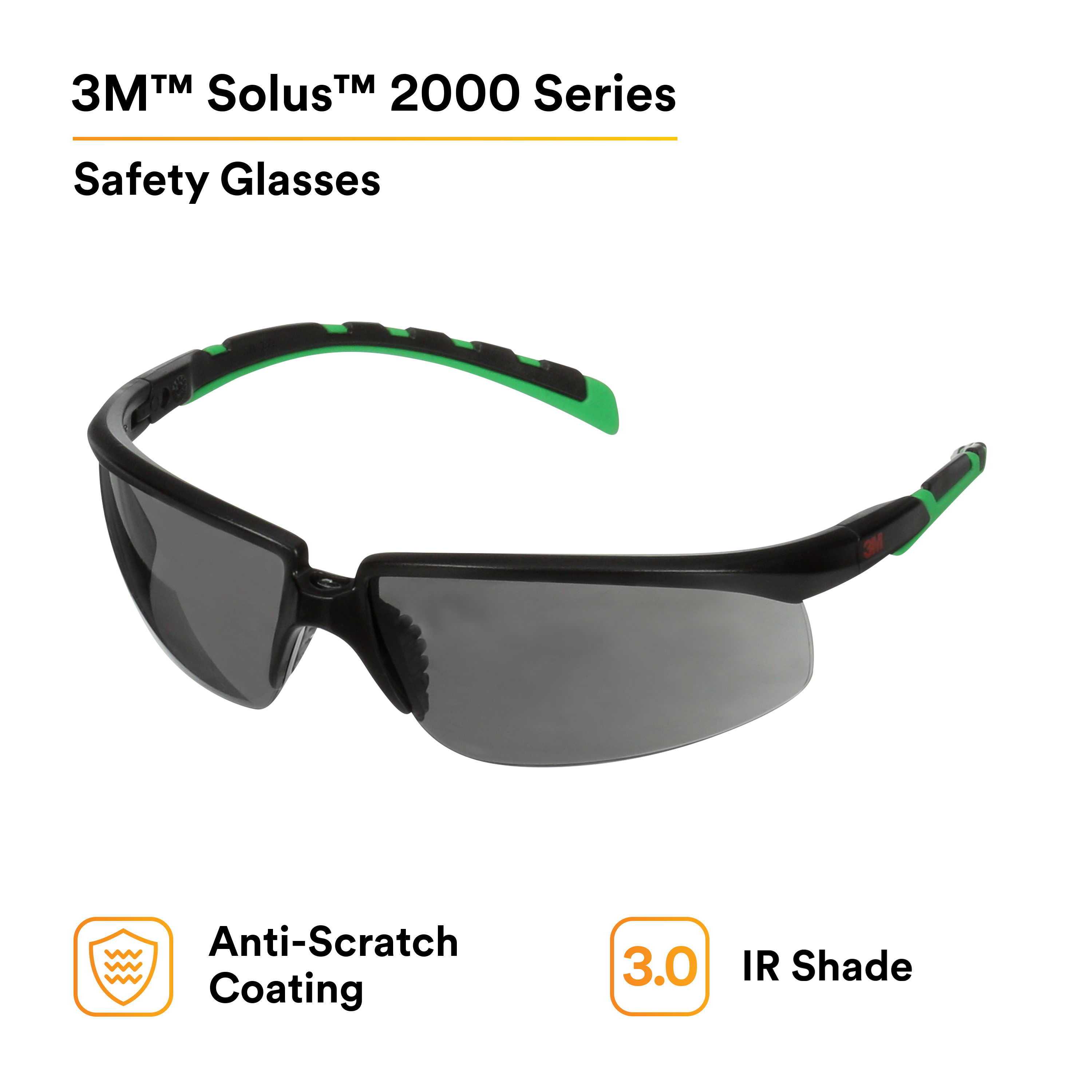 3M™ Solus™ 2000 Series, S2030AS-BLK, Black/Green Temples, IR 3.0 Gray