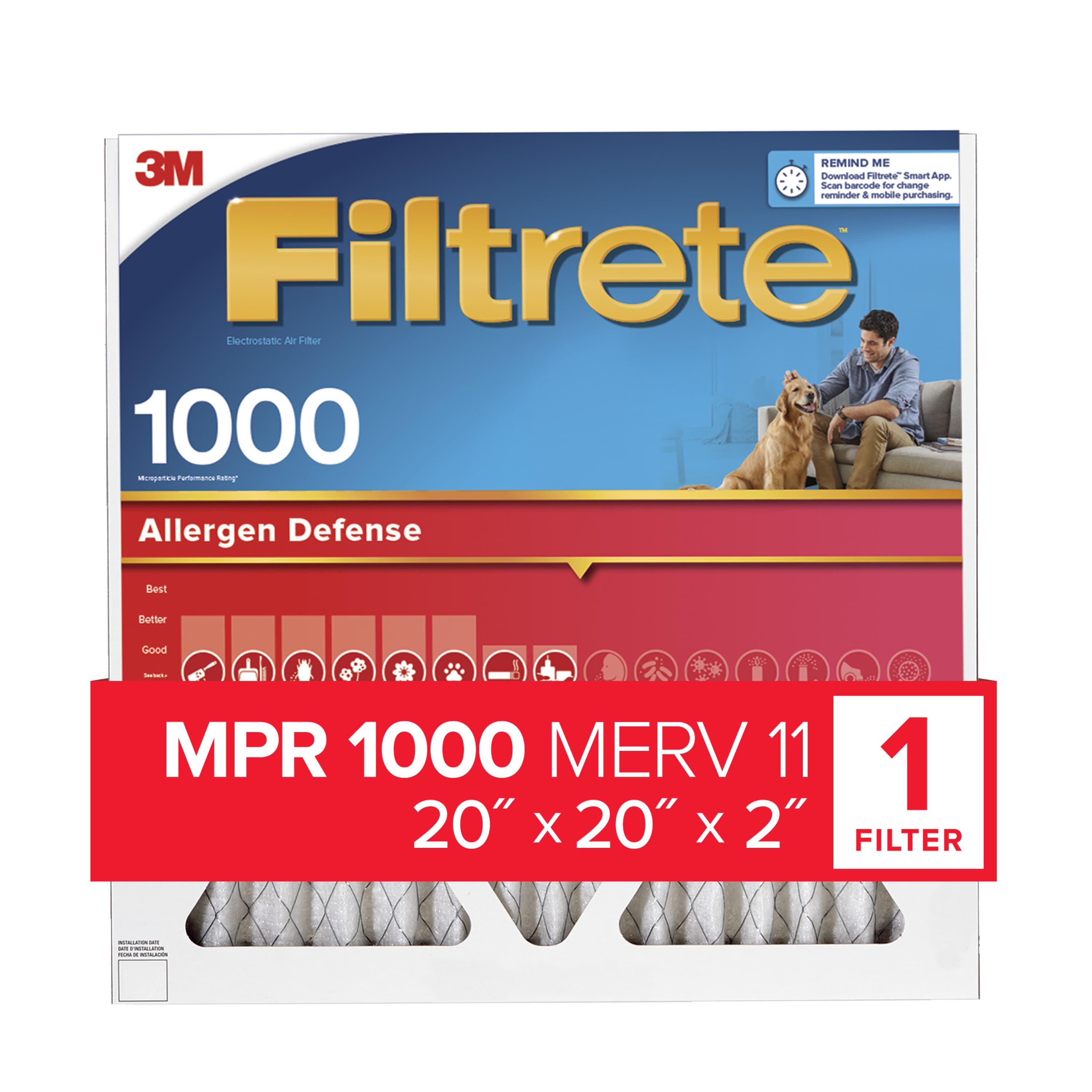 Filtrete Electrostatic Air Filter, 1000 MPR, NADP02-2IN-4, 20 in x 20 in x 2 in (50,8 cm x 50,8 cm x 5 cm)