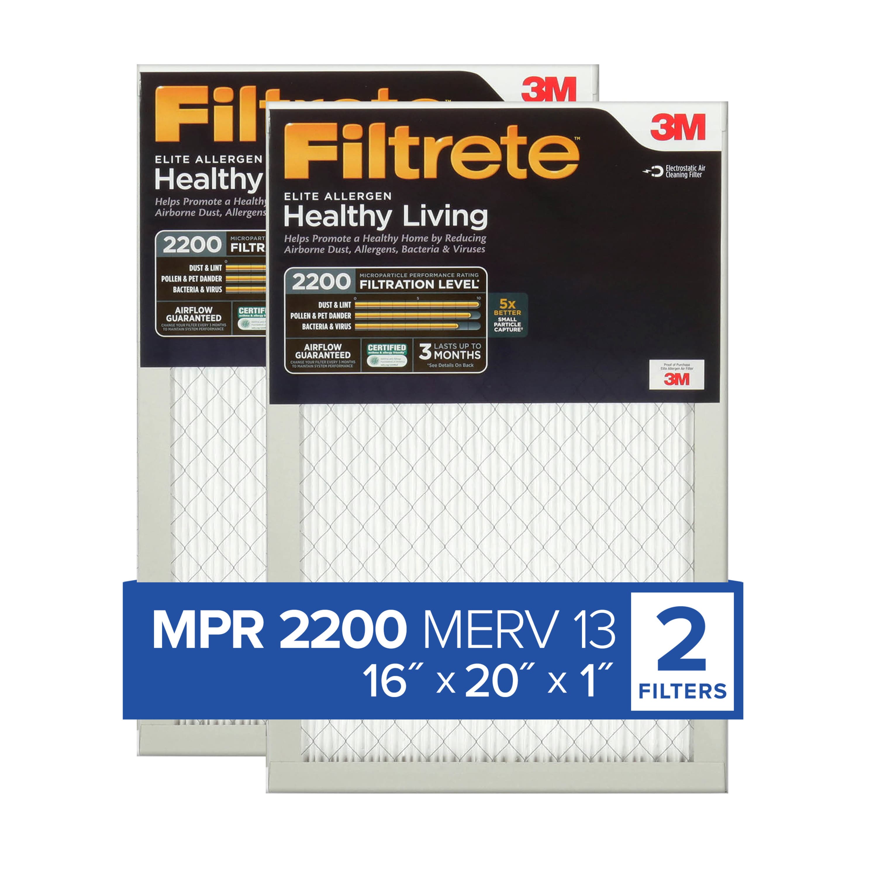Filtrete Elite Allergen Reduction Filter EA00-2PK-1E, 16 in x 20 in x 1 in (40.6 cm x 50.8 cm x 2.5 cm)