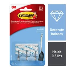 Command Small Clear Wire Hooks with Clear Strips 17067CLR-ES, 3 Small Wire Hooks, 4 Clear Strips
