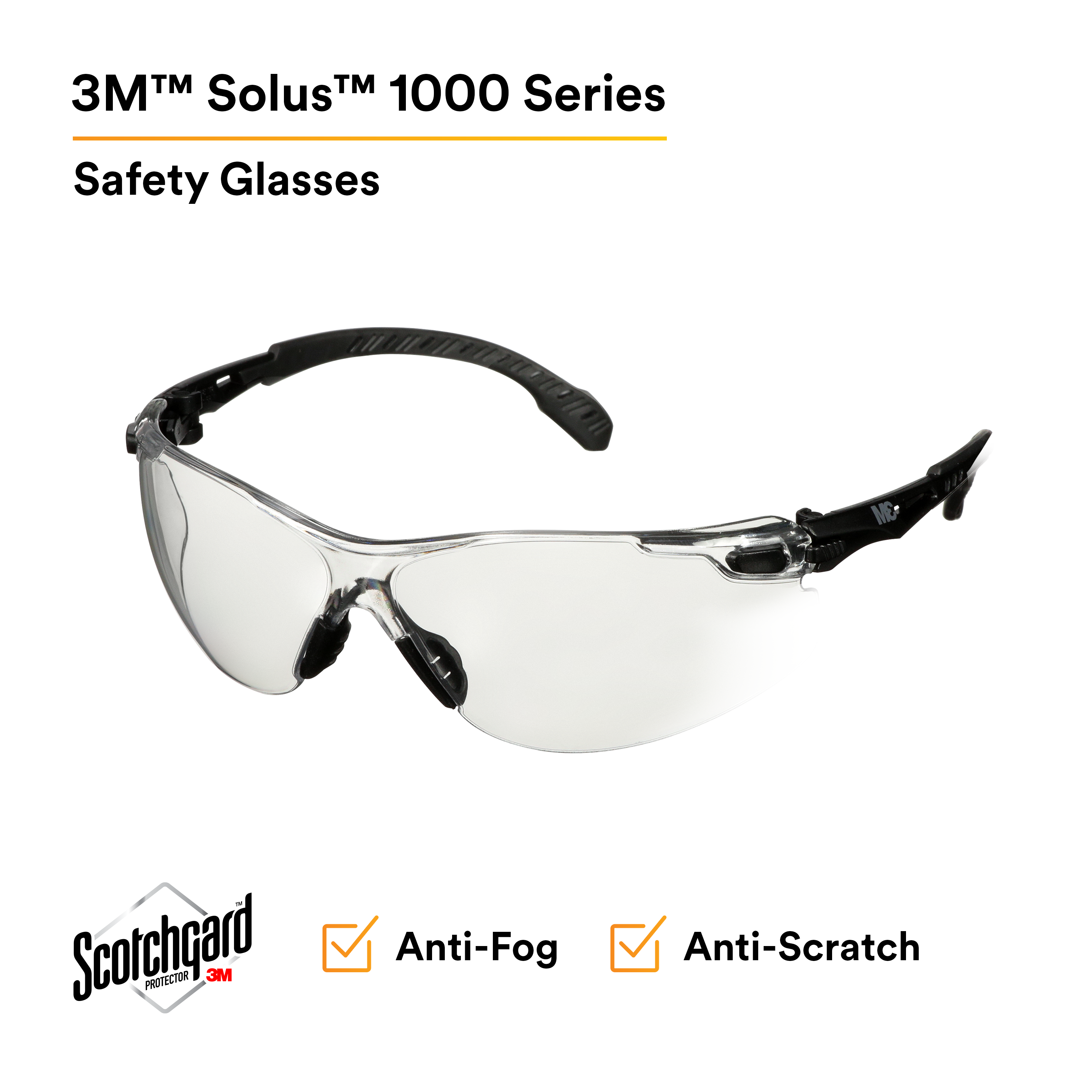 3M™ Solus™ 1000 Series, S1501SGAF, Black Temples, Scotchgard™ Anti-Fog Coating, Clear AF-AS lens, 20 ea/Case