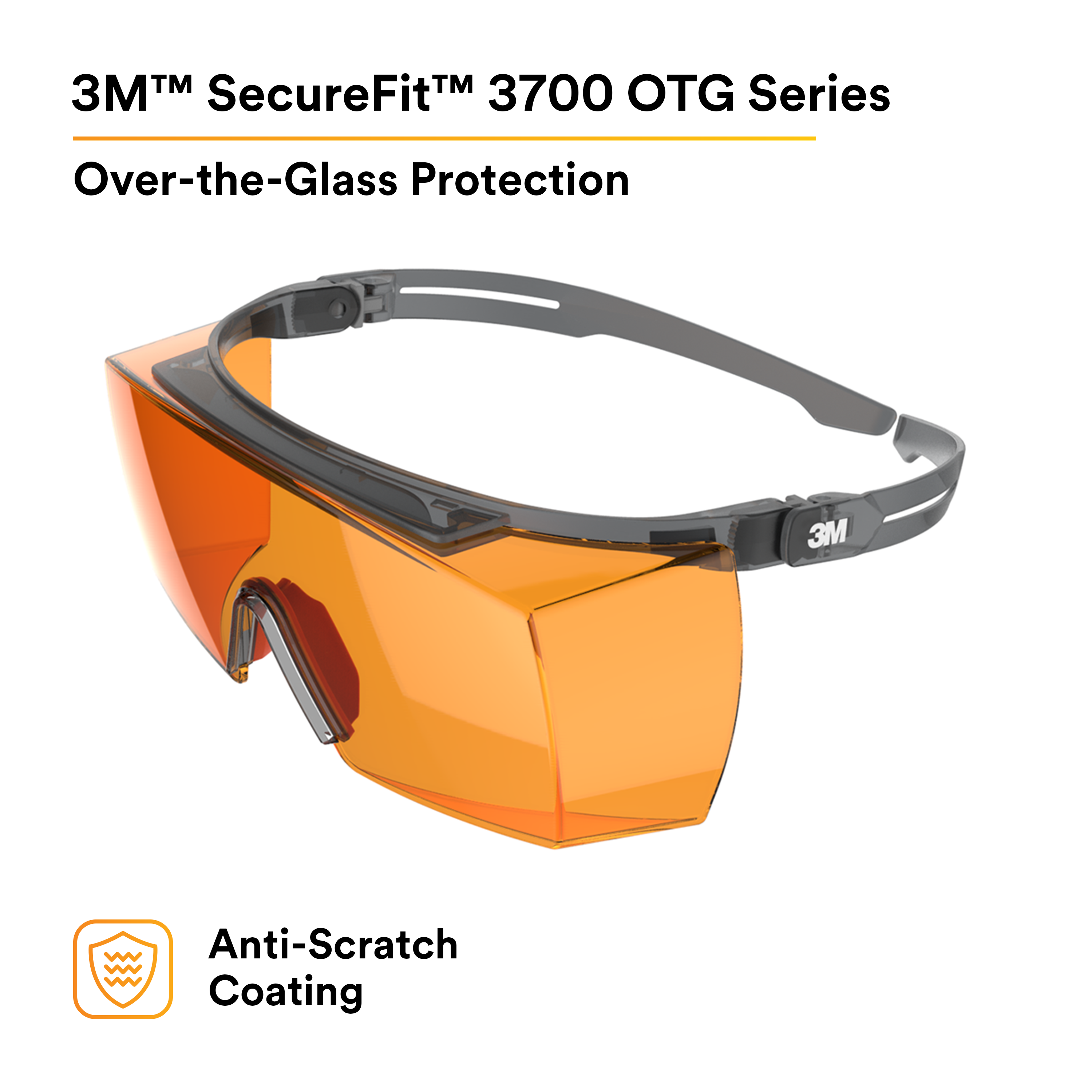 3M™ SecureFit™ 3700 Series SF3706AS-GRY, Gray Temples, Orange OTG Anti-