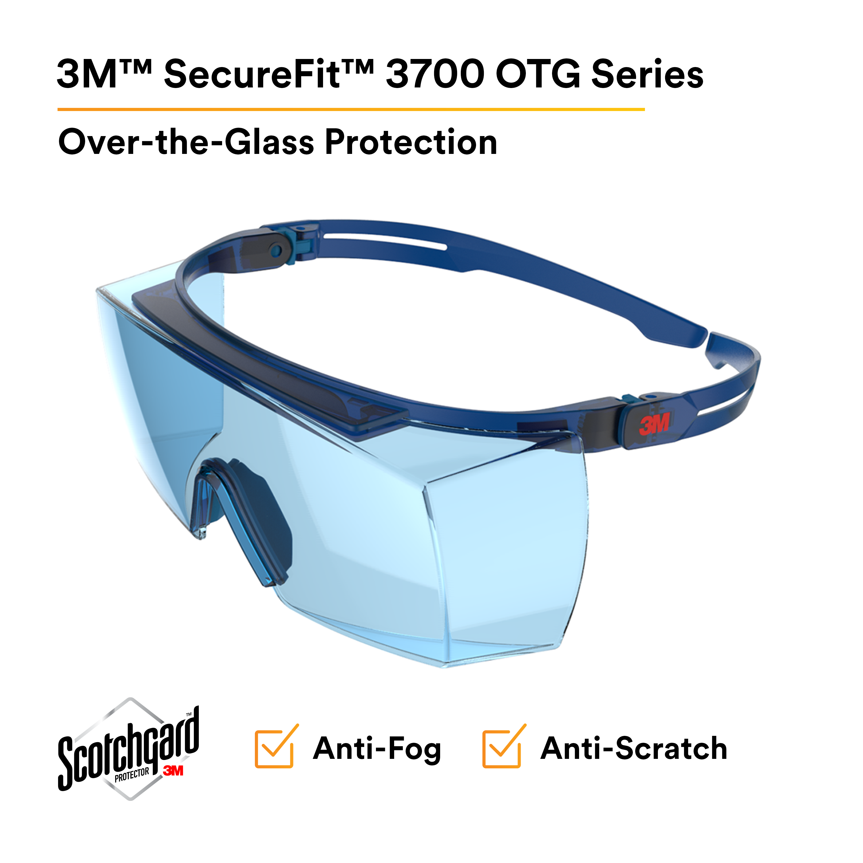3M™ SecureFit™ 3700 Series, SF3704SGAF-BLU, Blue Temples, Scotchgard™ Anti-Fog Coating, Light Blue OTG AF-AS lens 10 ea/Case
