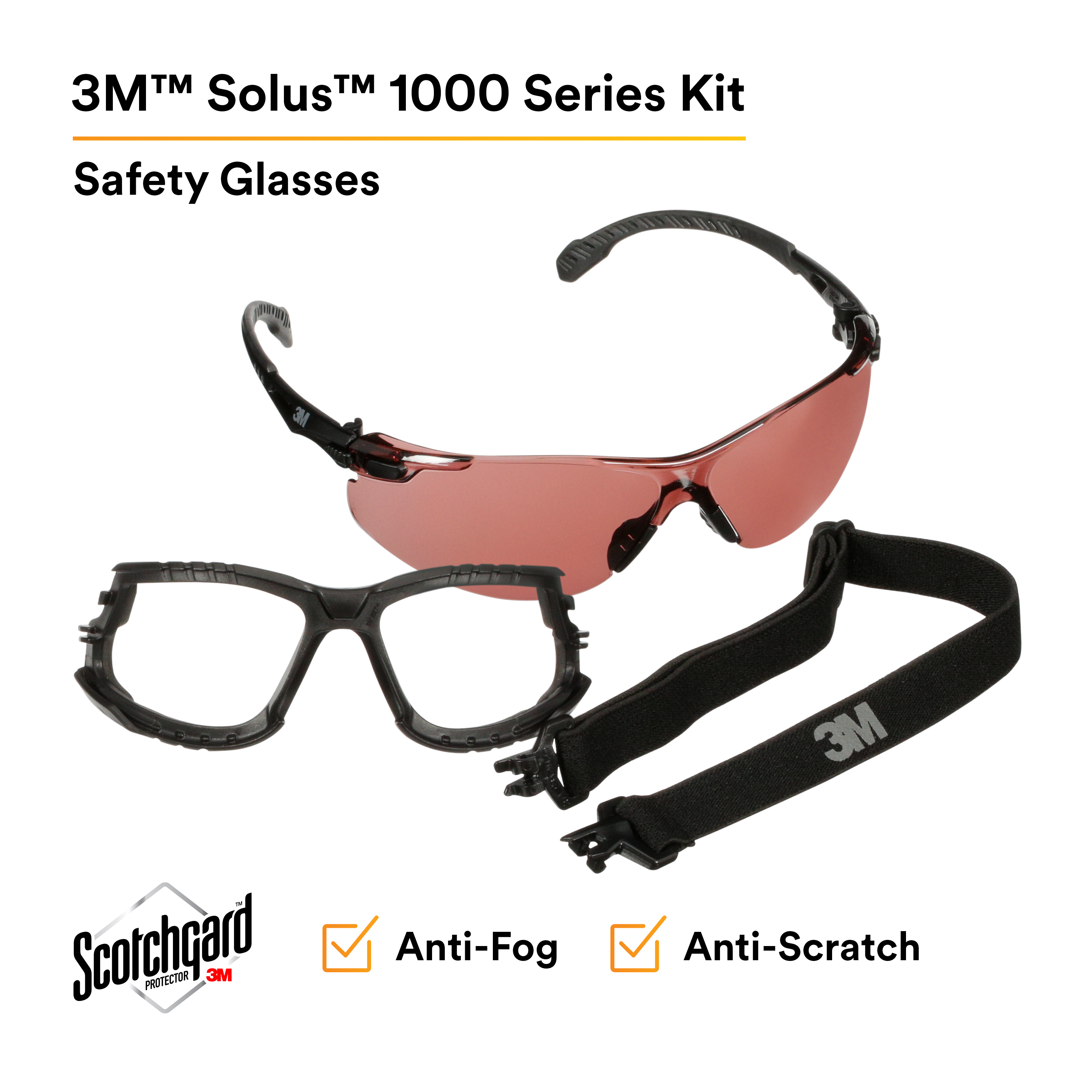 3M™ Solus™ 1000 Series, S1523SGAF-KT, Blk Temples, Scotchgard™ Anti-Fog Coating, VM AF-AS lens, Foam/Strap, 20 ea/Case