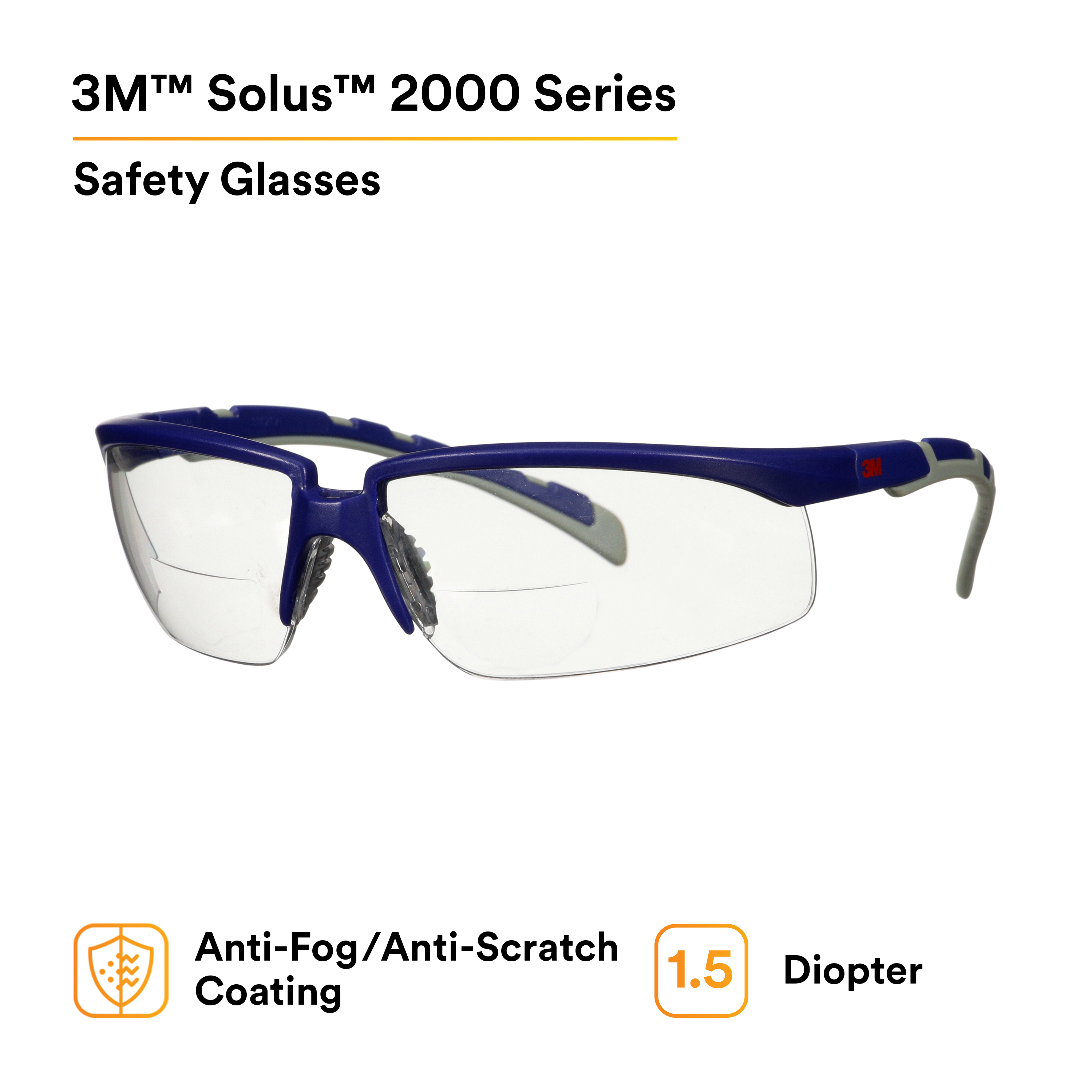 3M™ Solus™ 2000 Series, S2015AF-BLU, Blue/Gray Temples, Clear Reader +