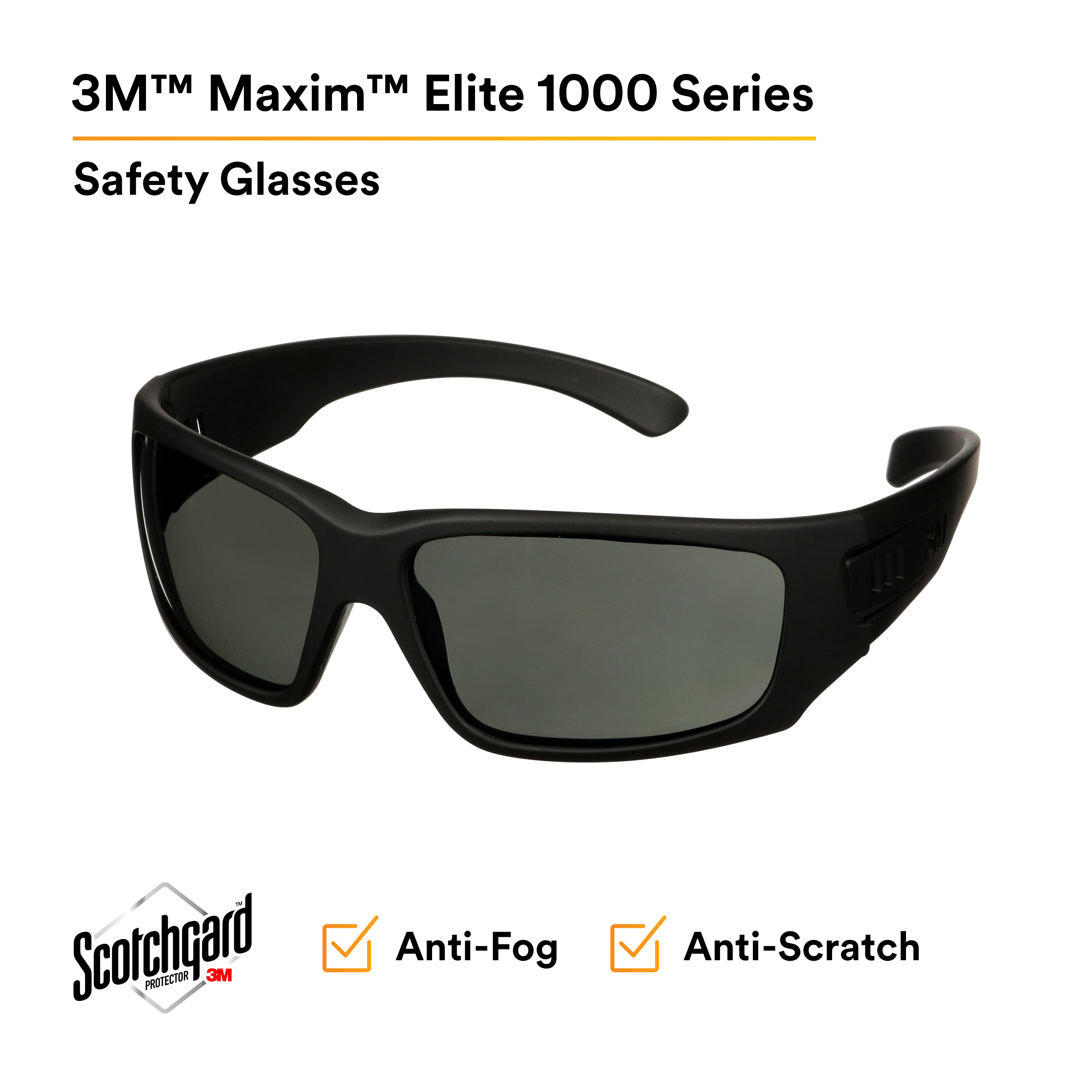 3M™ Maxim™ Elite 1000 Series, MXE1002SGAF-BLK, Black Frame, Scotchgard™ Anti-Fog Coating, Gray AF-AS Lens, 20 ea/Case