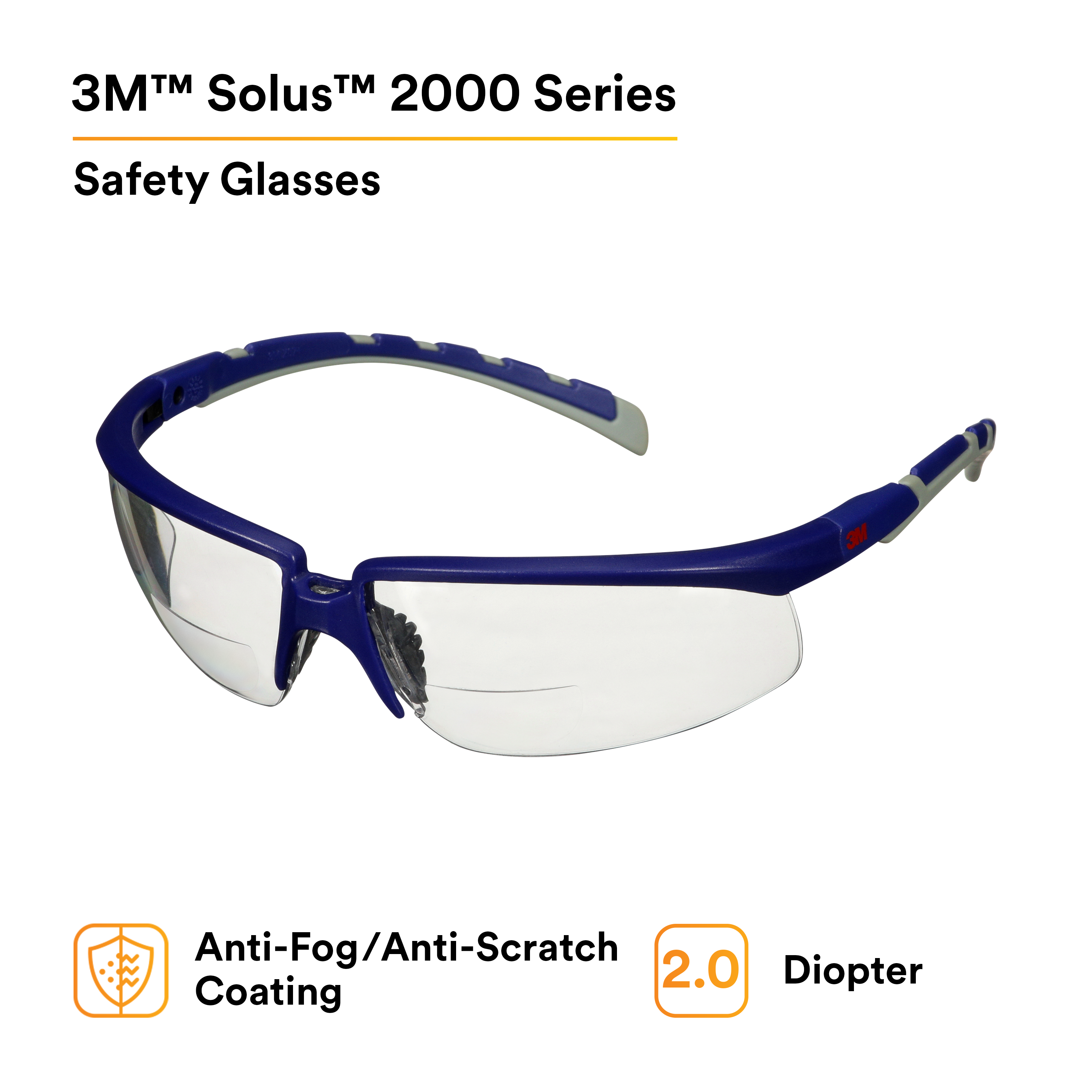 3M™ Solus™ 2000 Series, S2020AF-BLU, Blue/Gray Temples, Clear Reader +2.0 Anti-Fog/Anti-Scratch lens, 20 ea/Case