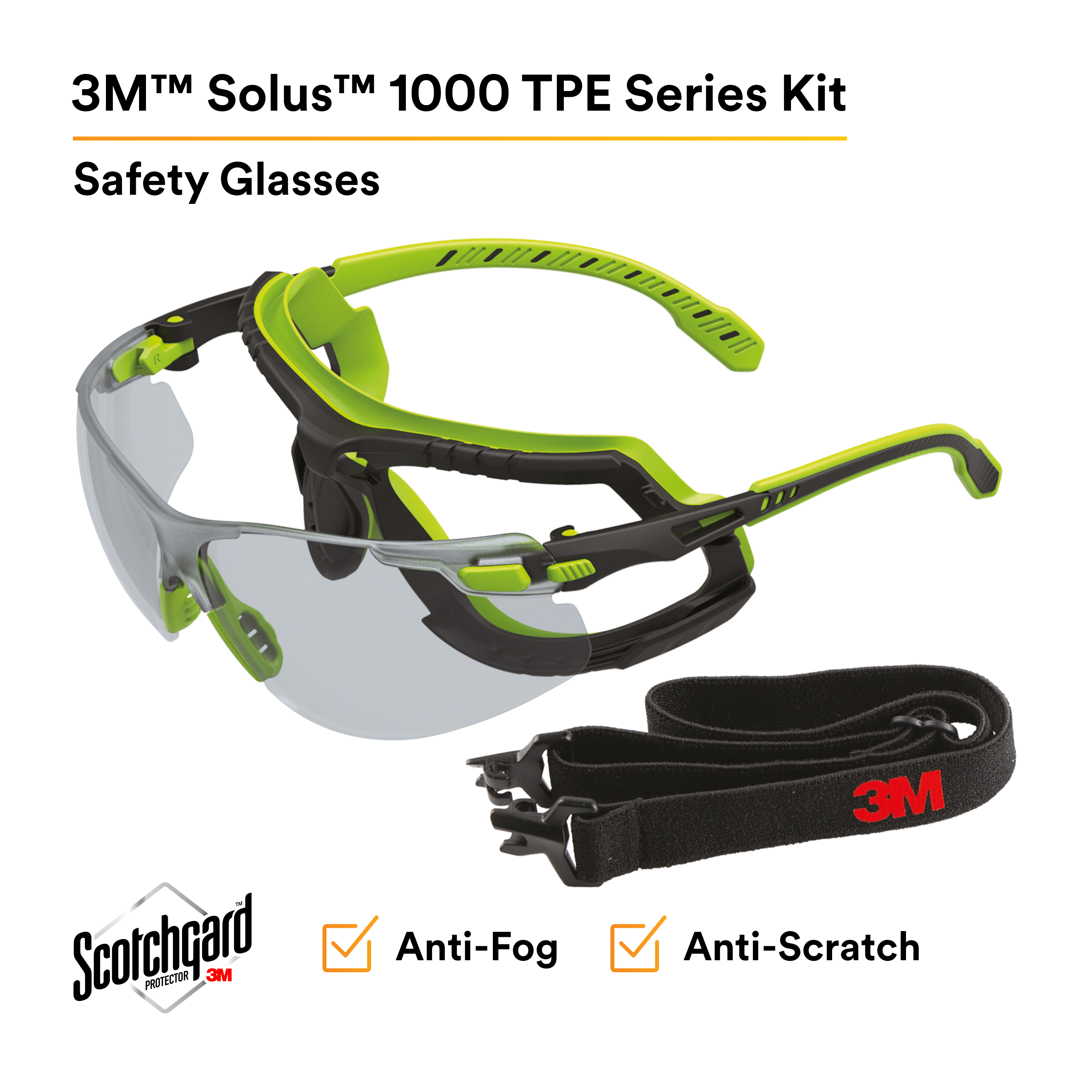 3M™ Solus™ 1000 Series S1207SGAF-TKT, Grn/Blk, Scotchgard™ Anti-Fog Coating, IO Gray AF-AS lens, TPE/Strap, 20 ea/Case