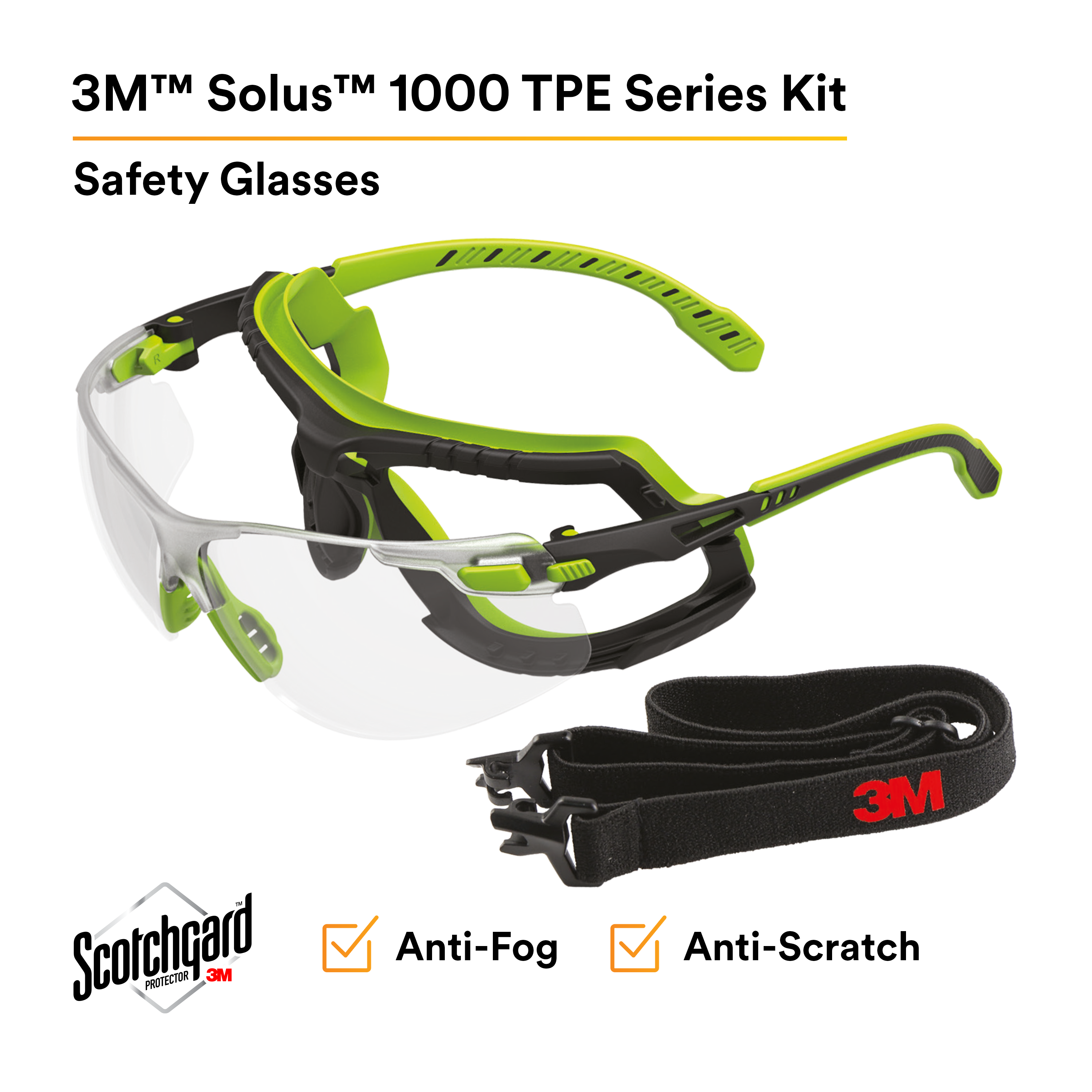 3M™ Solus™ 1000 Series S1201SGAF-TKT, Grn/Blk, Scotchgard™ Anti-Fog Coating, Clear AF-AS Lens, TPE/Strap, 20 ea/Case