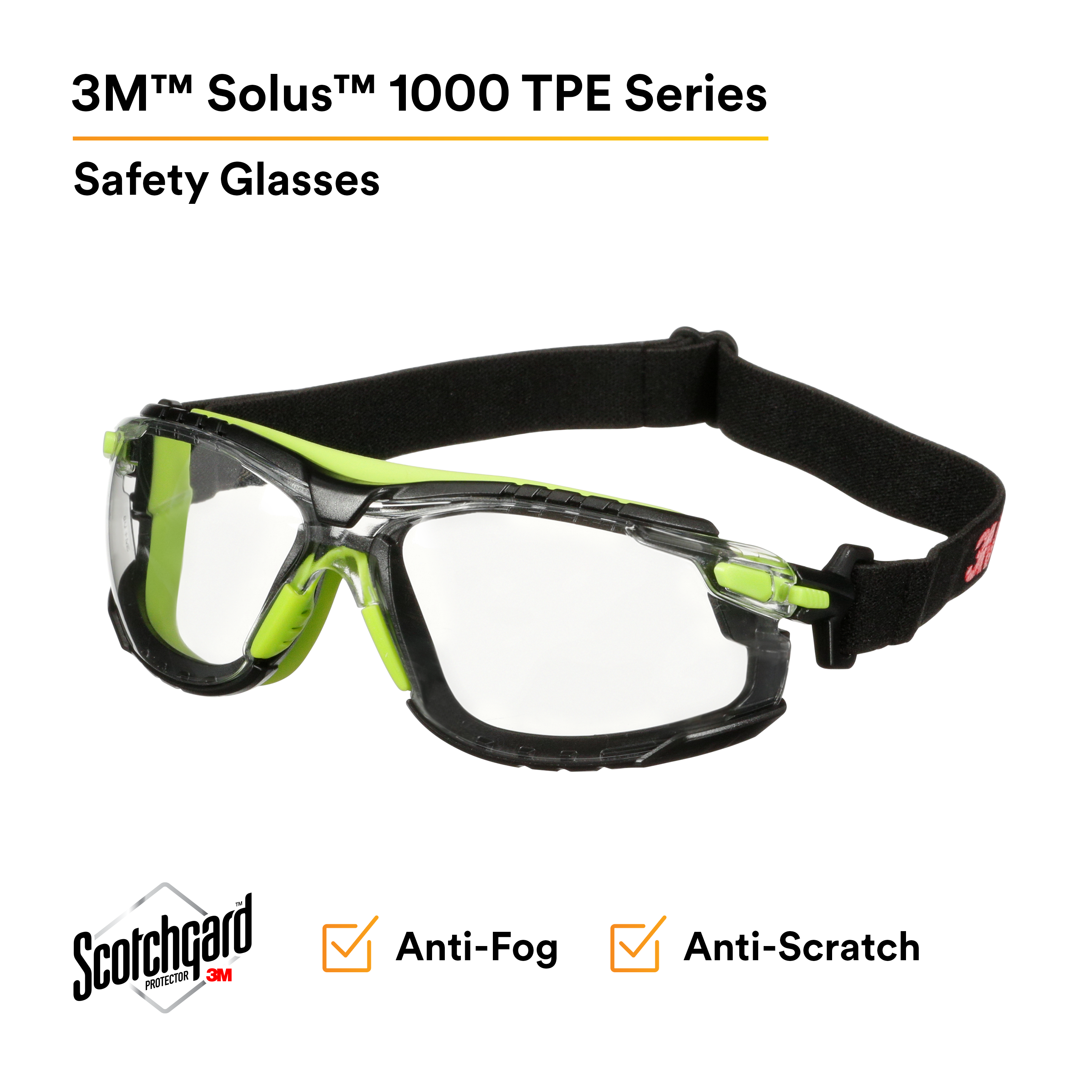 3M™ Solus™ 1000 Series S1201SGAF-TSKT, Grn/Blk, Scotchgard™ Anti-Fog Coating, Clear AF-AS lens, TPE/Strap only, 20 ea/Case