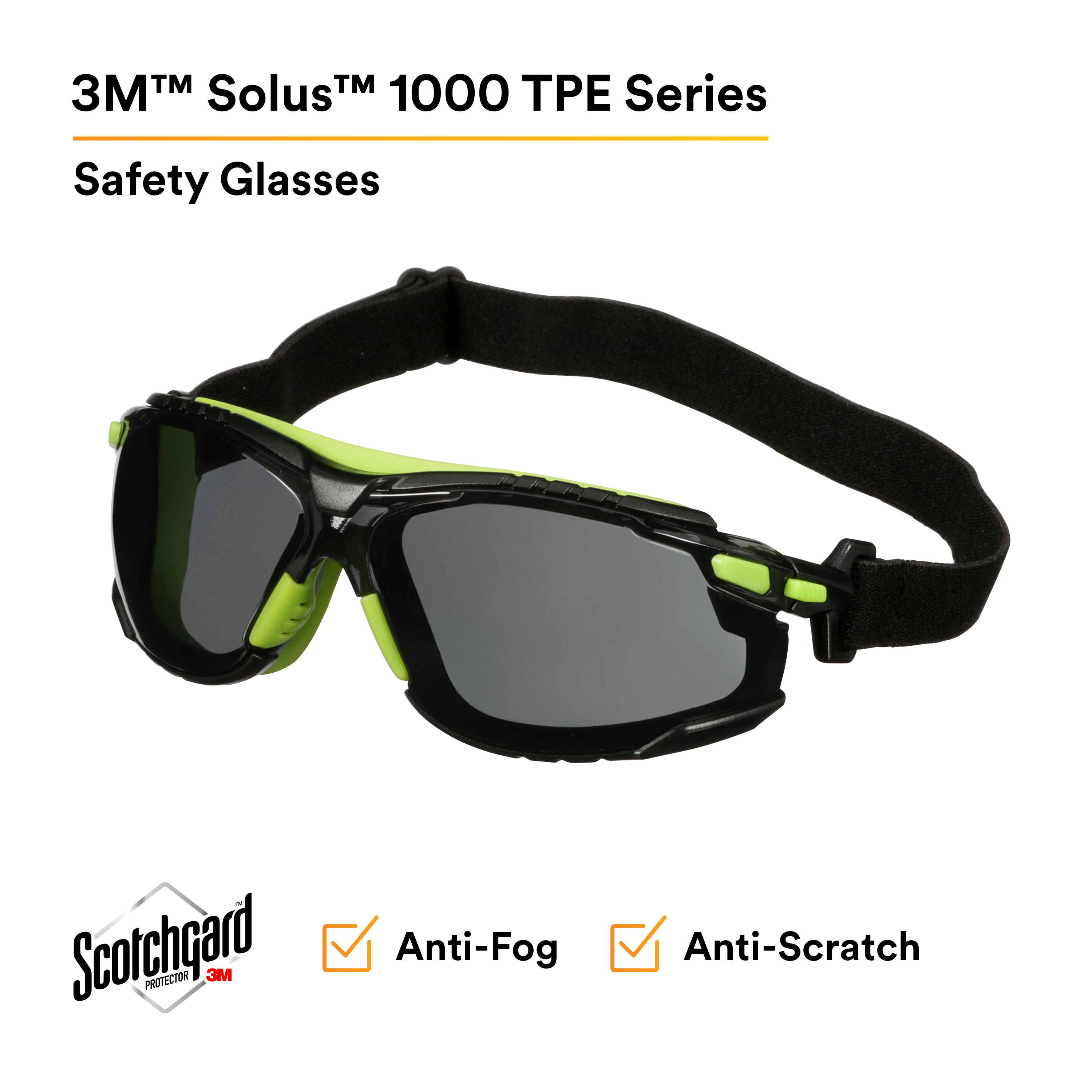 3M™ Solus™ 1000 Series, S1202SGAF-TSKT, Grn/Blk, Scotchgard™ Anti-Fog Coating, Gry AF-AS ln, TPE/Strp only 20/case