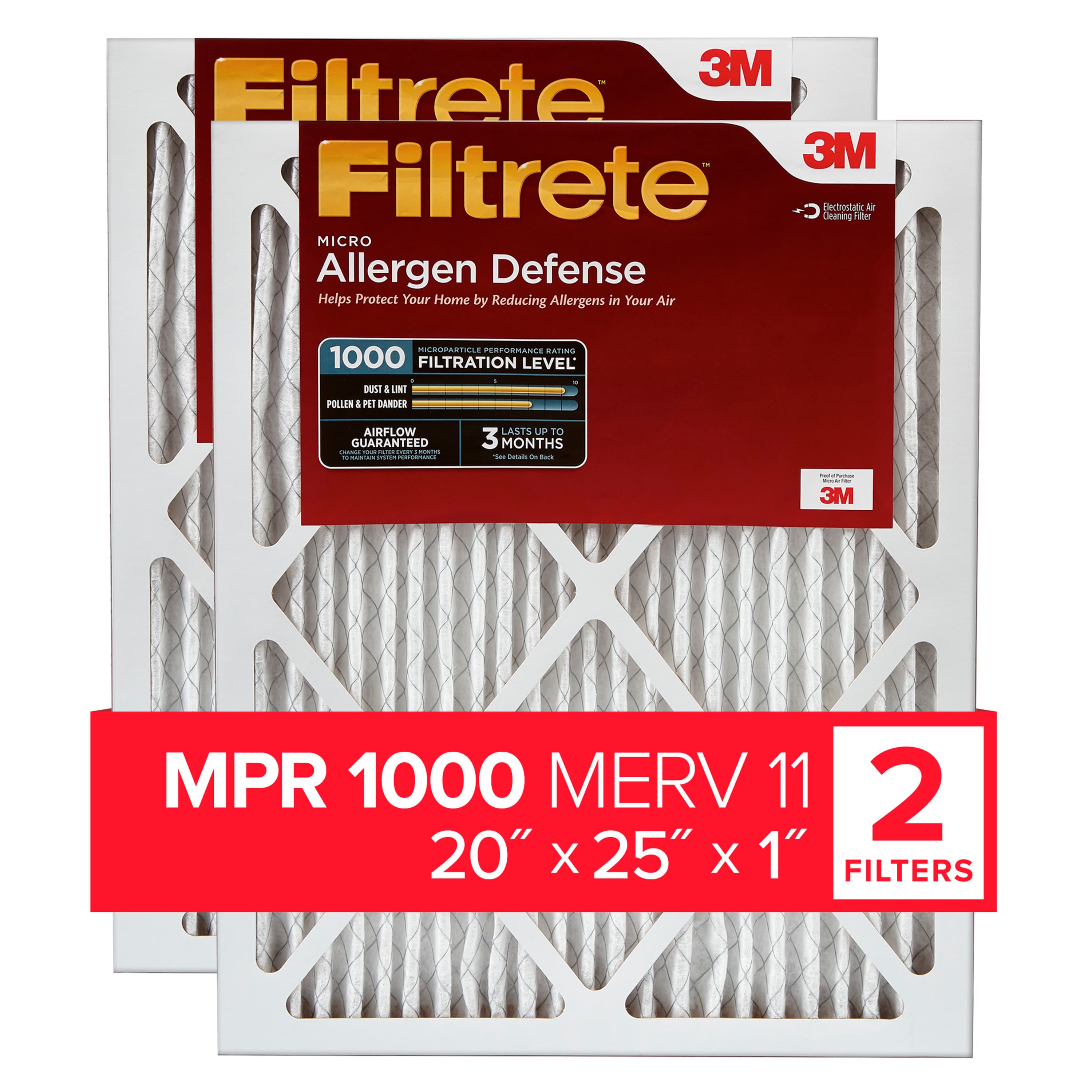 Filtrete Electrostatic Air Filter 1000 MPR AD03-2PK-1E, 20 in x 25 in x 1 in (50.8 cm x 63.5 cm x 2.5 cm)