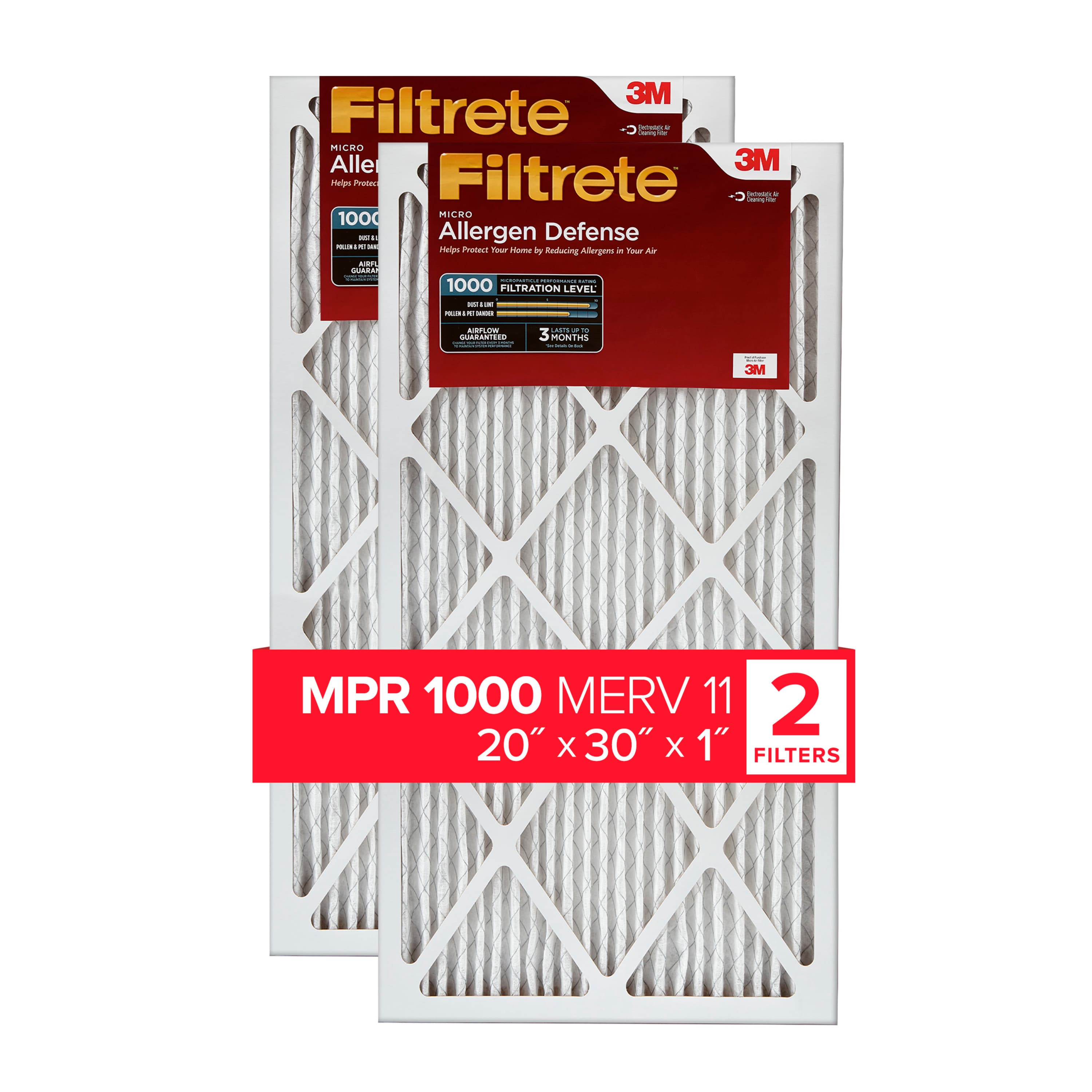 Filtrete Electrostatic Air Filter 1000 MPR AD22-2PK-1E, 20 in x 30 in x 1 in (50.8 cm x 76.2 cm x 2.5 cm)