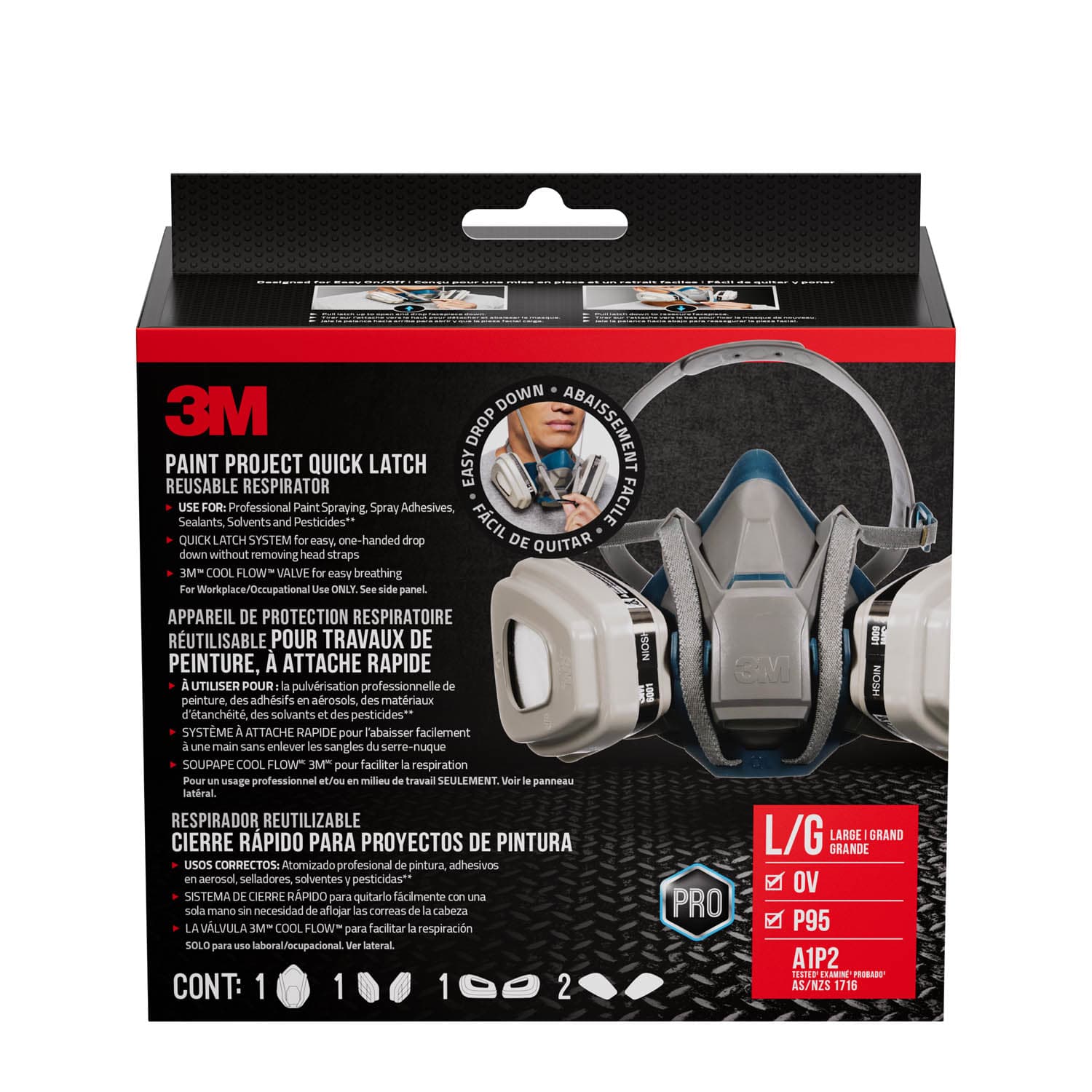 3M Paint Project Reusable Respirator 6311P1-C-M, OV/P95, Large, 1-Fcpc, 1-pair 6001 CtDG, 2-pairs 5P71 Ftrs, 1-pair 501 Rtnrs_8