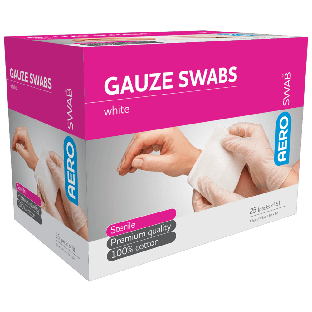 Aero Healthcare AEROSWAB Sterile White Gauze Swab 7.5 x 7.5cm (Packs of 5) Box/25