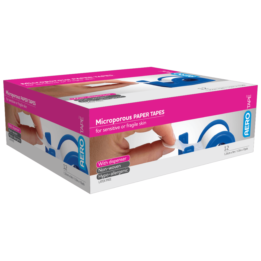 Aero Healthcare AEROTAPE White Microporous Paper Tape with Dispenser 1.25cm x 9.1M Box/12