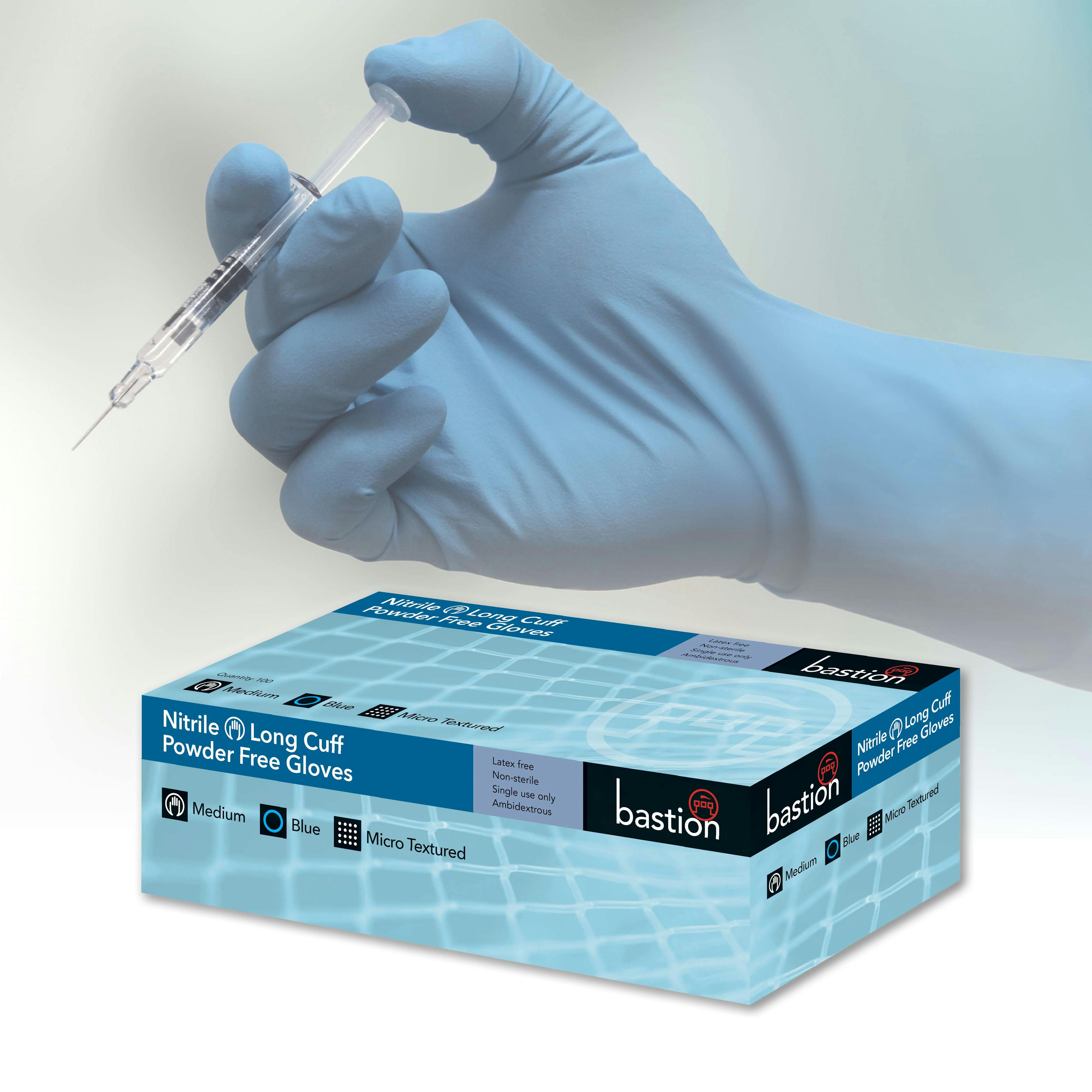 Bastion Nitrile  Blue  Gloves  - 300Mm  Long  Cuff -  Powder  Free - Micro  Textured