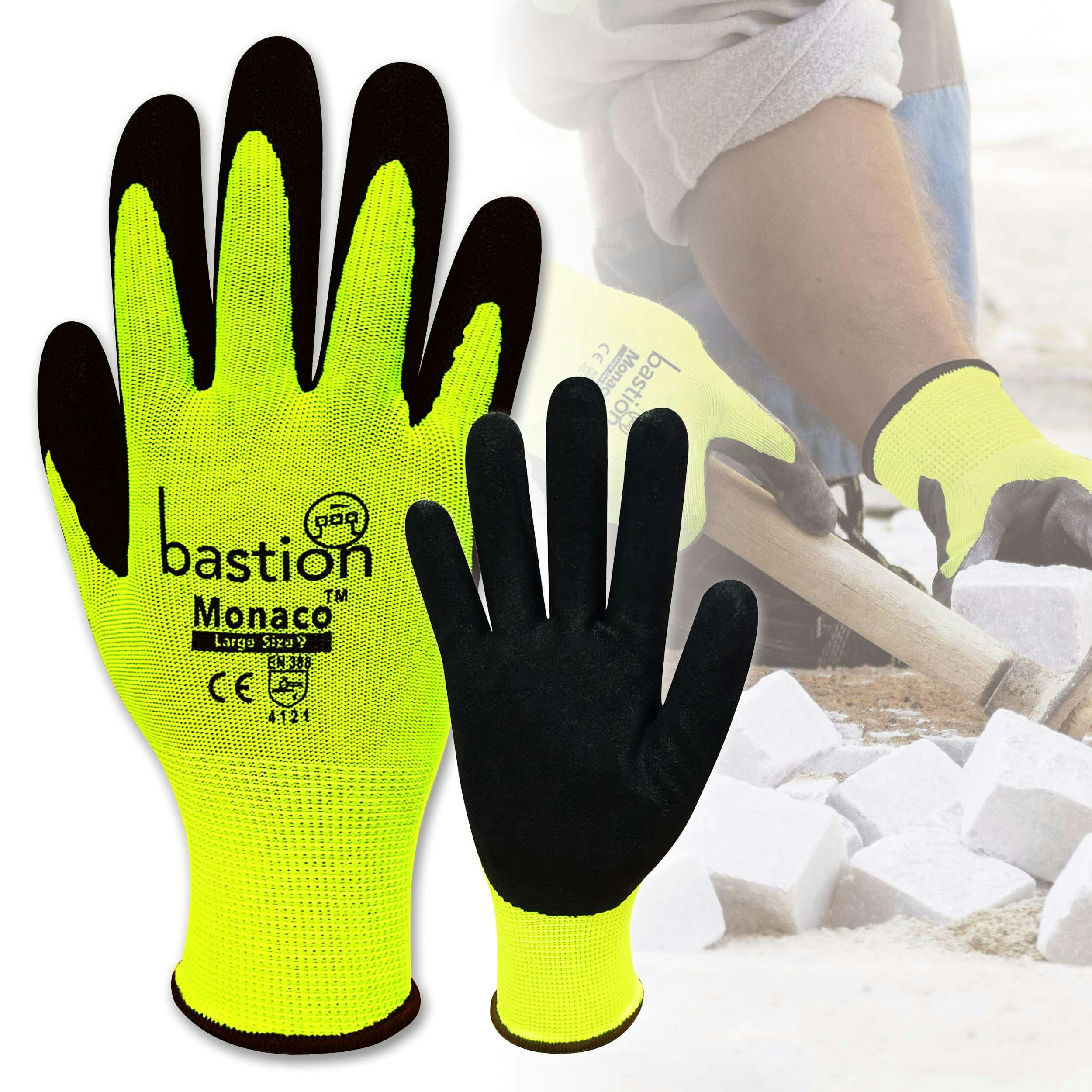 Bastion Monaco™  High Viz  Yellow  Polyester  Gloves - Black Sandy Foam Nitrile Coating