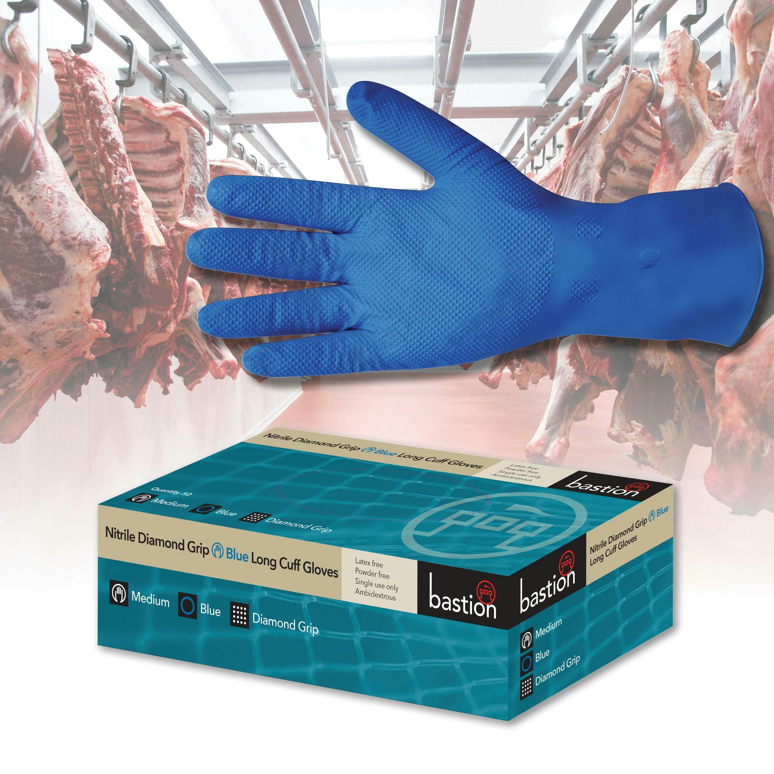 Bastion Nitrile  Diamond  Grip Blue  -  300Mm  Long Cuff -  Powder  Free  Gloves