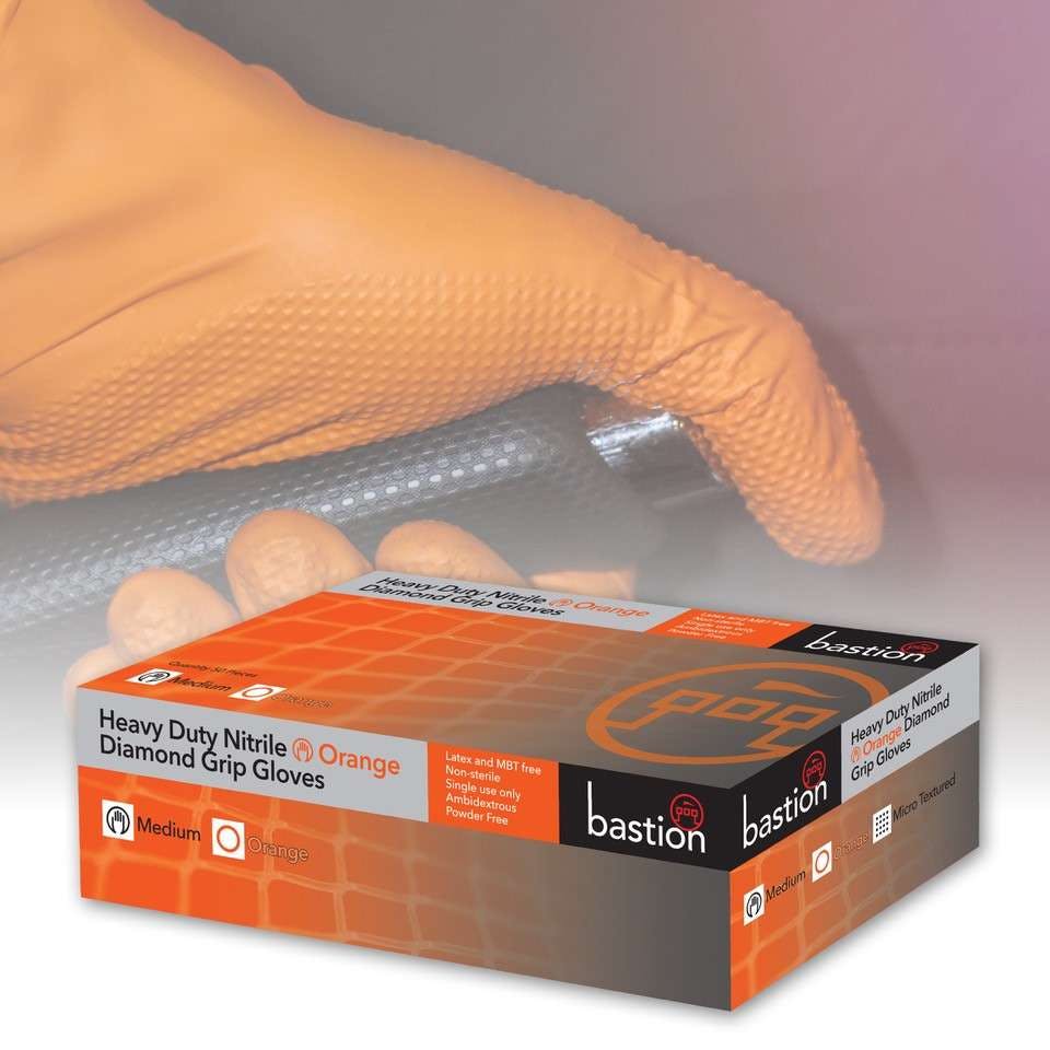 Bastion Heavy  Duty  Nitrile  Diamond  Grip  Orange  -  Powder  Free  Gloves